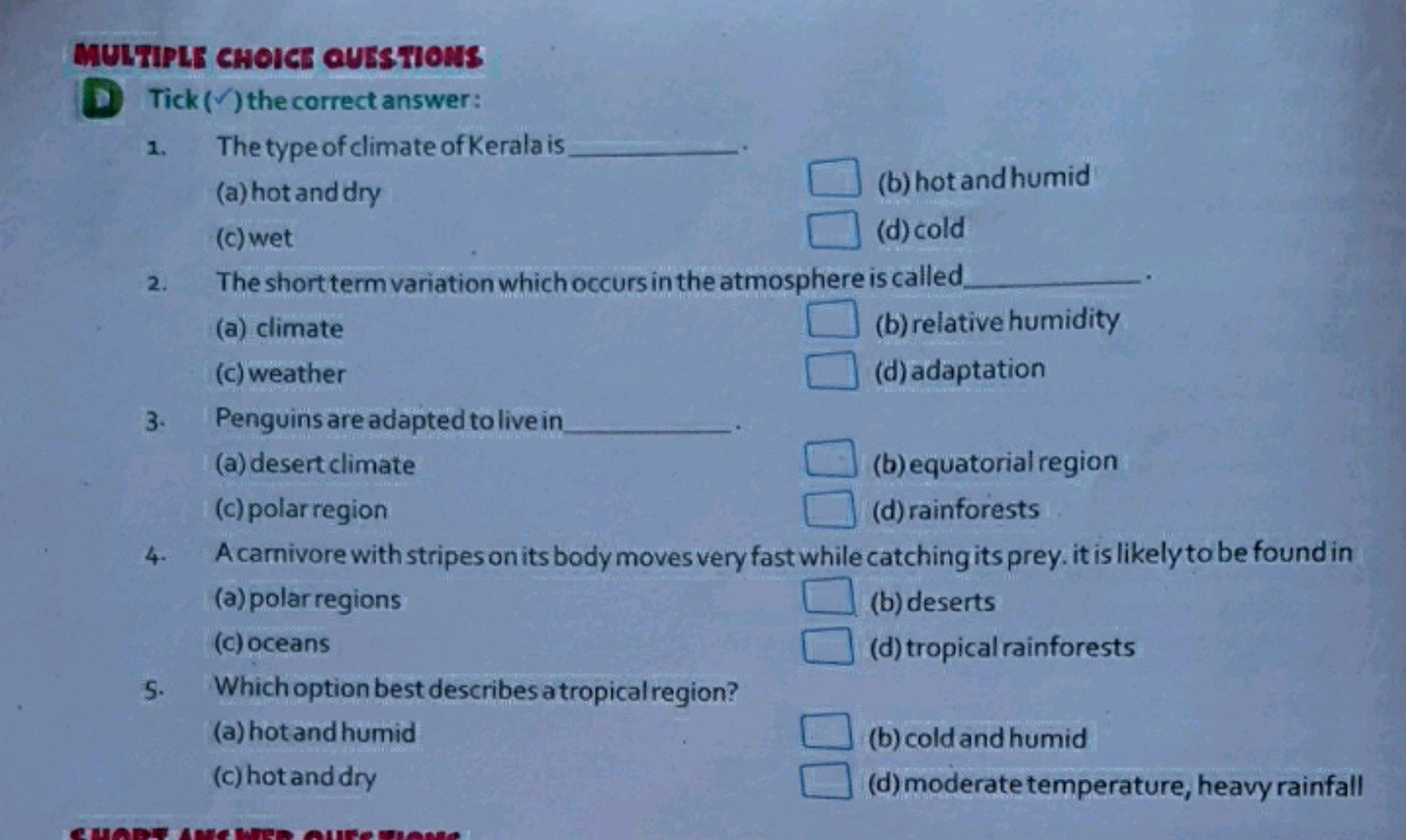 MULTIPLE CHOICE QUISTIONS
D Tick ( ✓ ) the correct answer:
1. The type