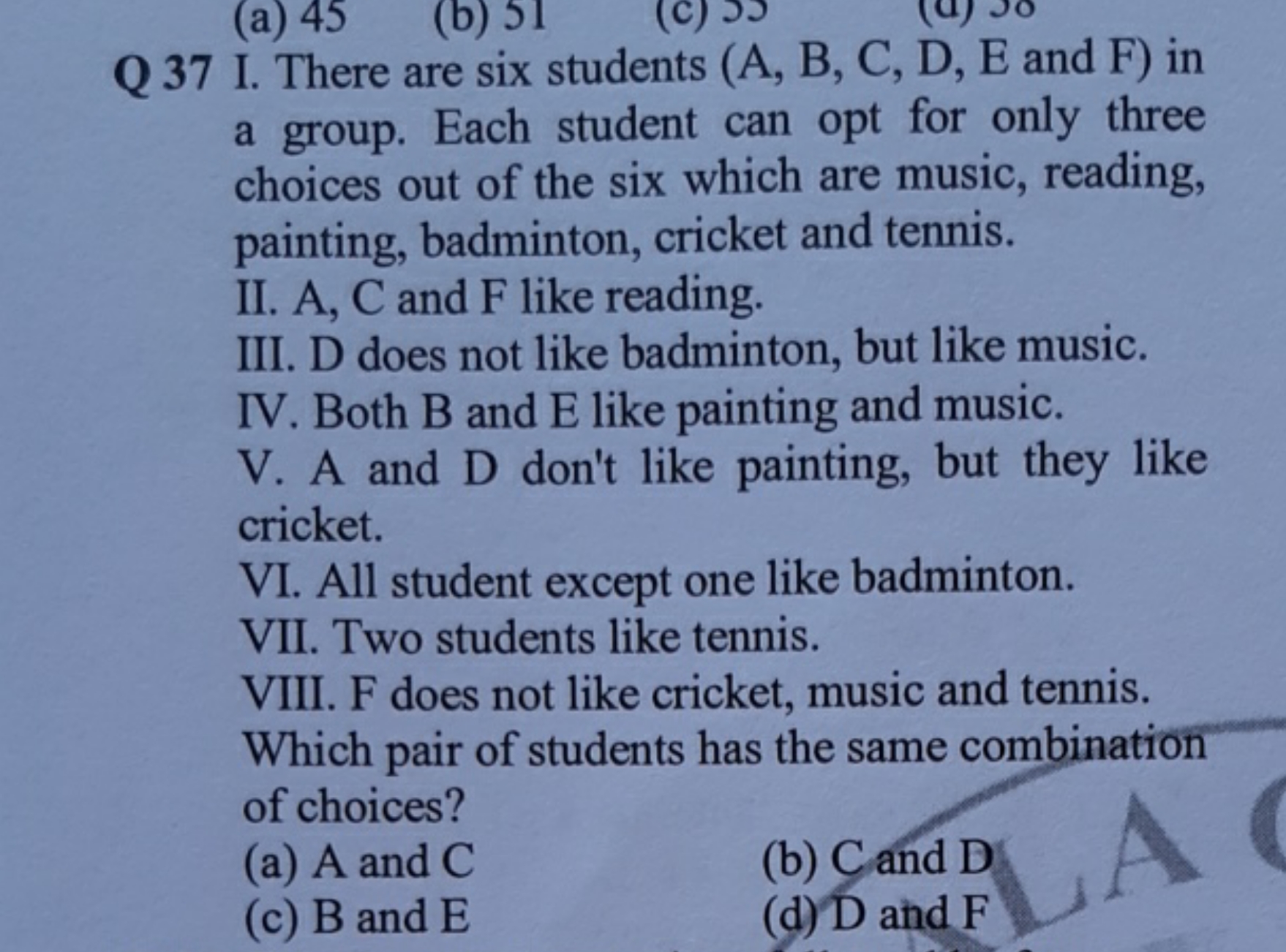 Q 37 I. There are six students (A, B, C, D, E and F) in a group. Each 