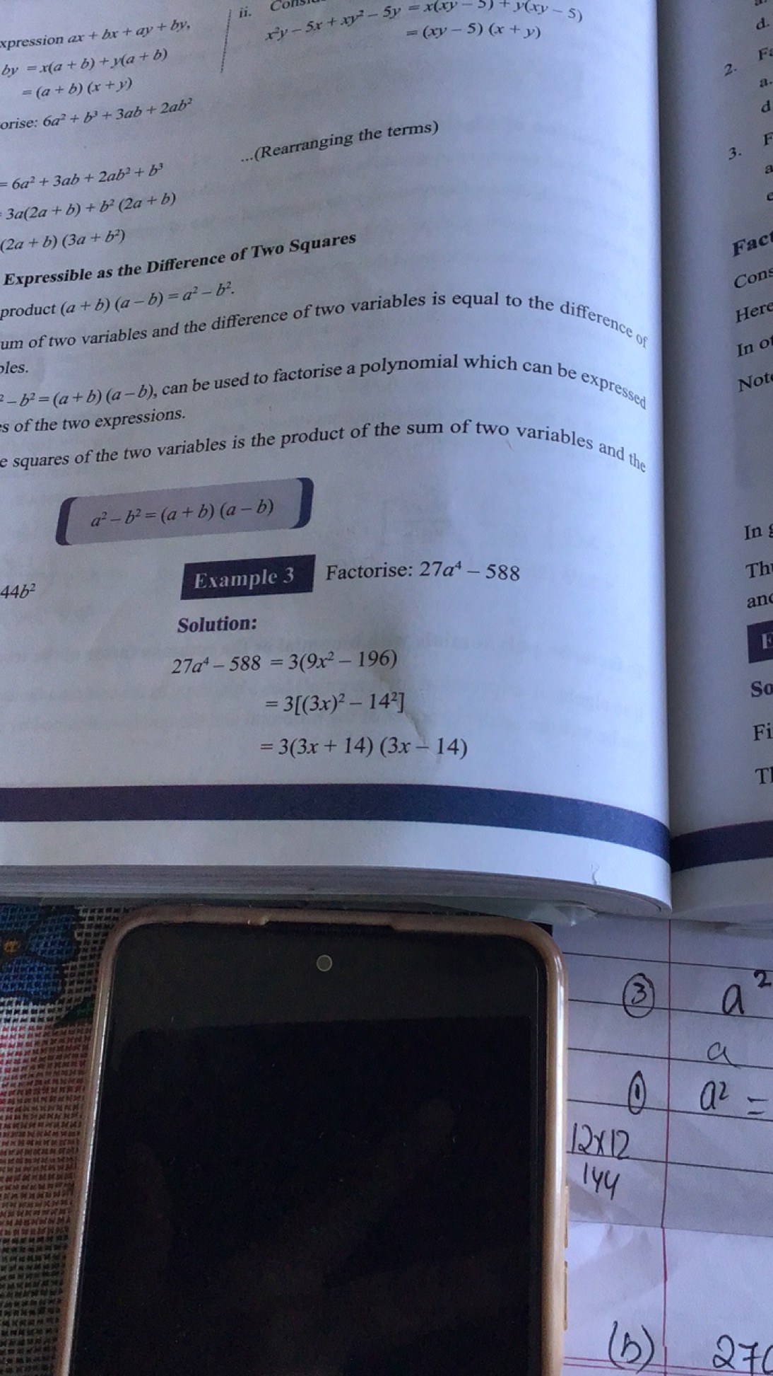 xpressionax+bx+ay+by,
by​=x(a+b)+y(a+b)=(a+b)(x+y)​
orise: 6a2+b3+3ab+