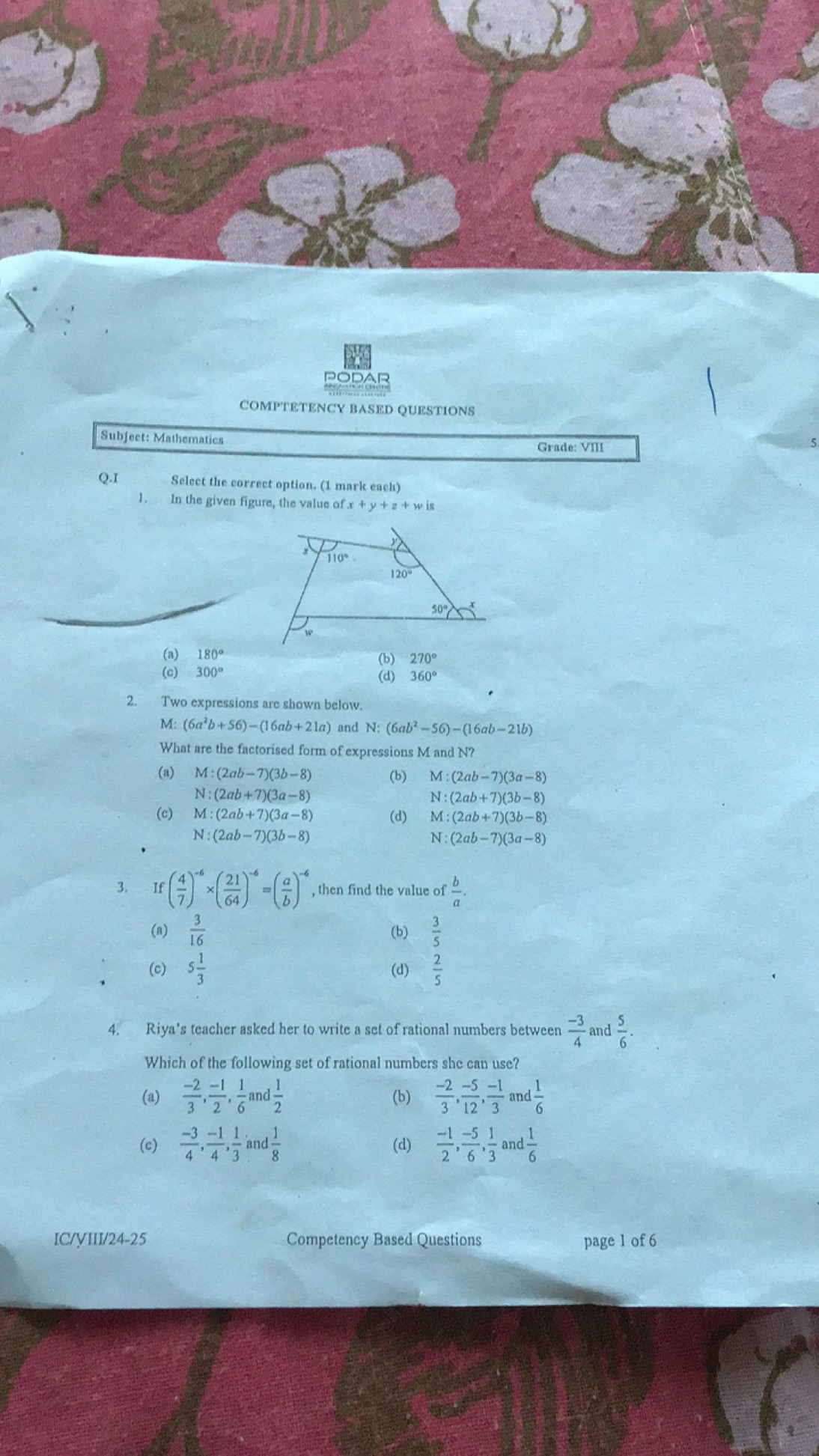 
.
M
PODAR
COMPTETENCY BASED QUESTIONS
Subject: Mathematics
Grade: VII