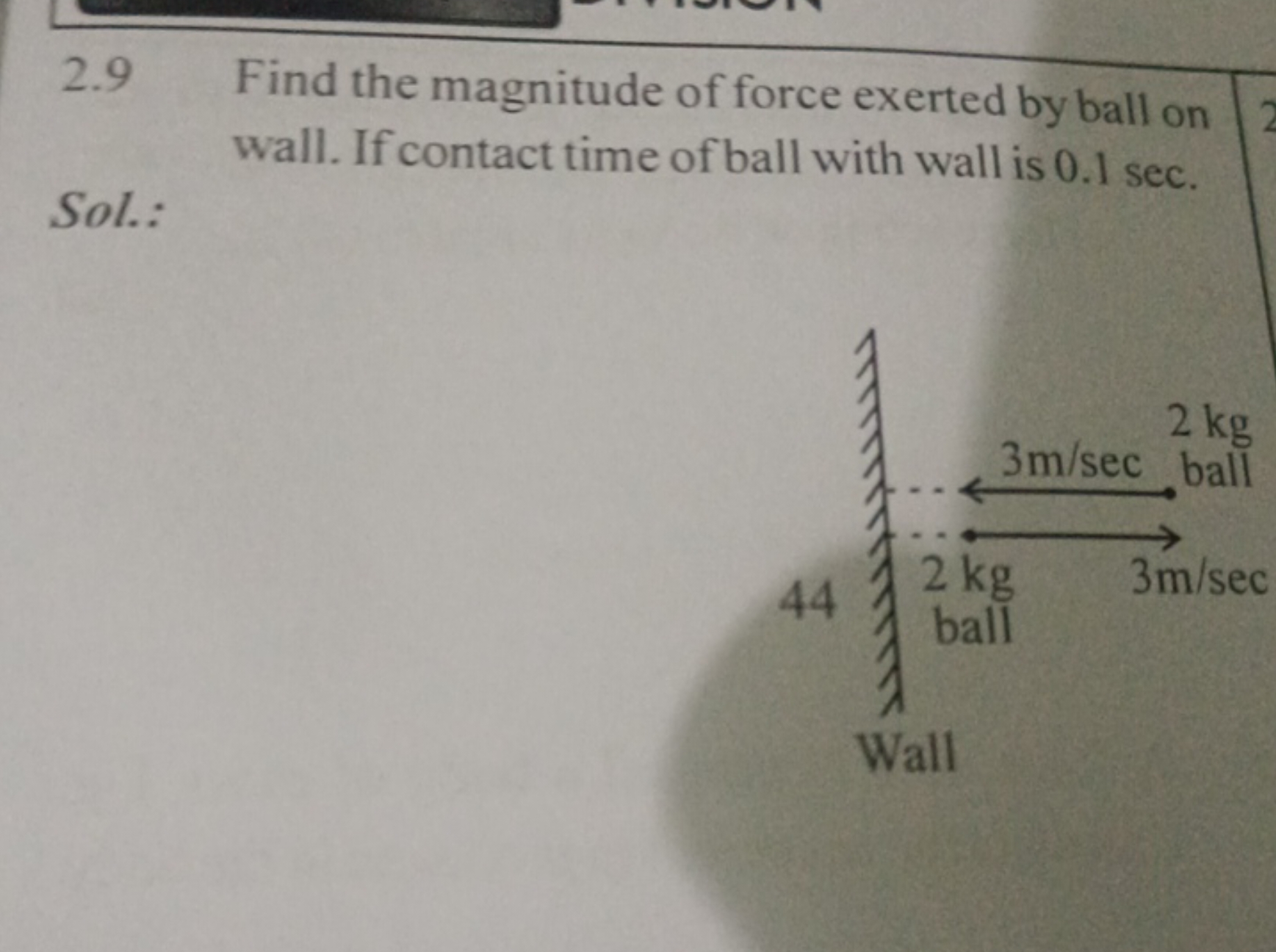 2.9 Find the magnitude of force exerted by ball on wall. If contact ti