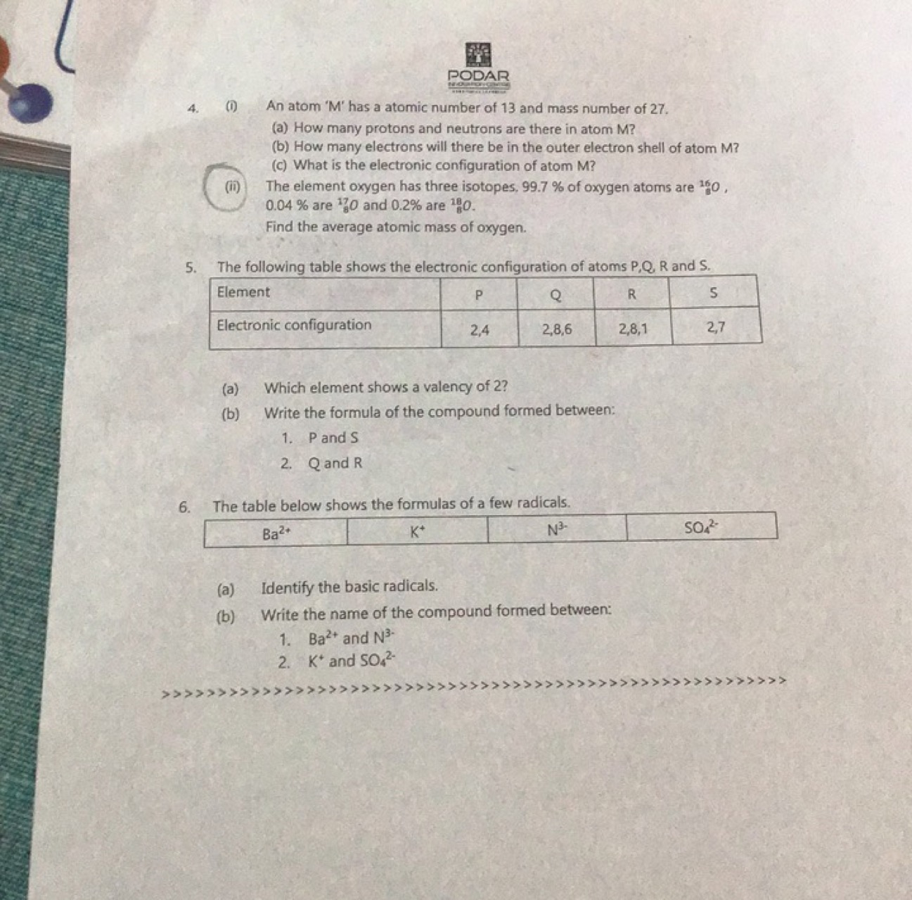 PODAR
andationgitult
4. (i) An atom ' M ' has a atomic number of 13 an