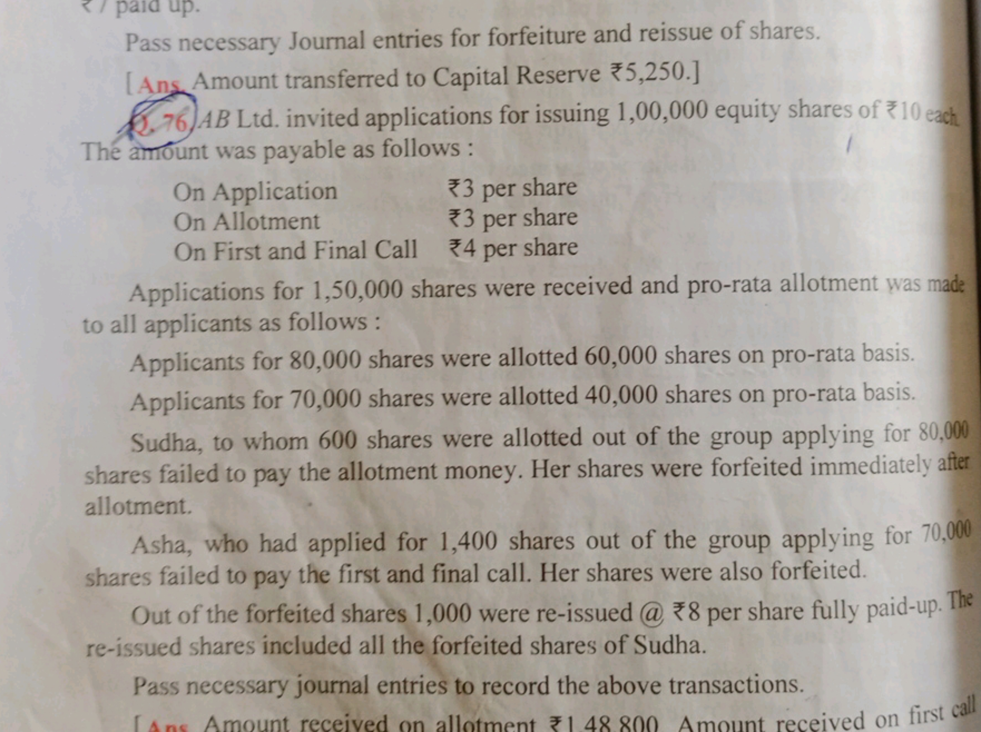 Pass necessary Journal entries for forfeiture and reissue of shares.
[