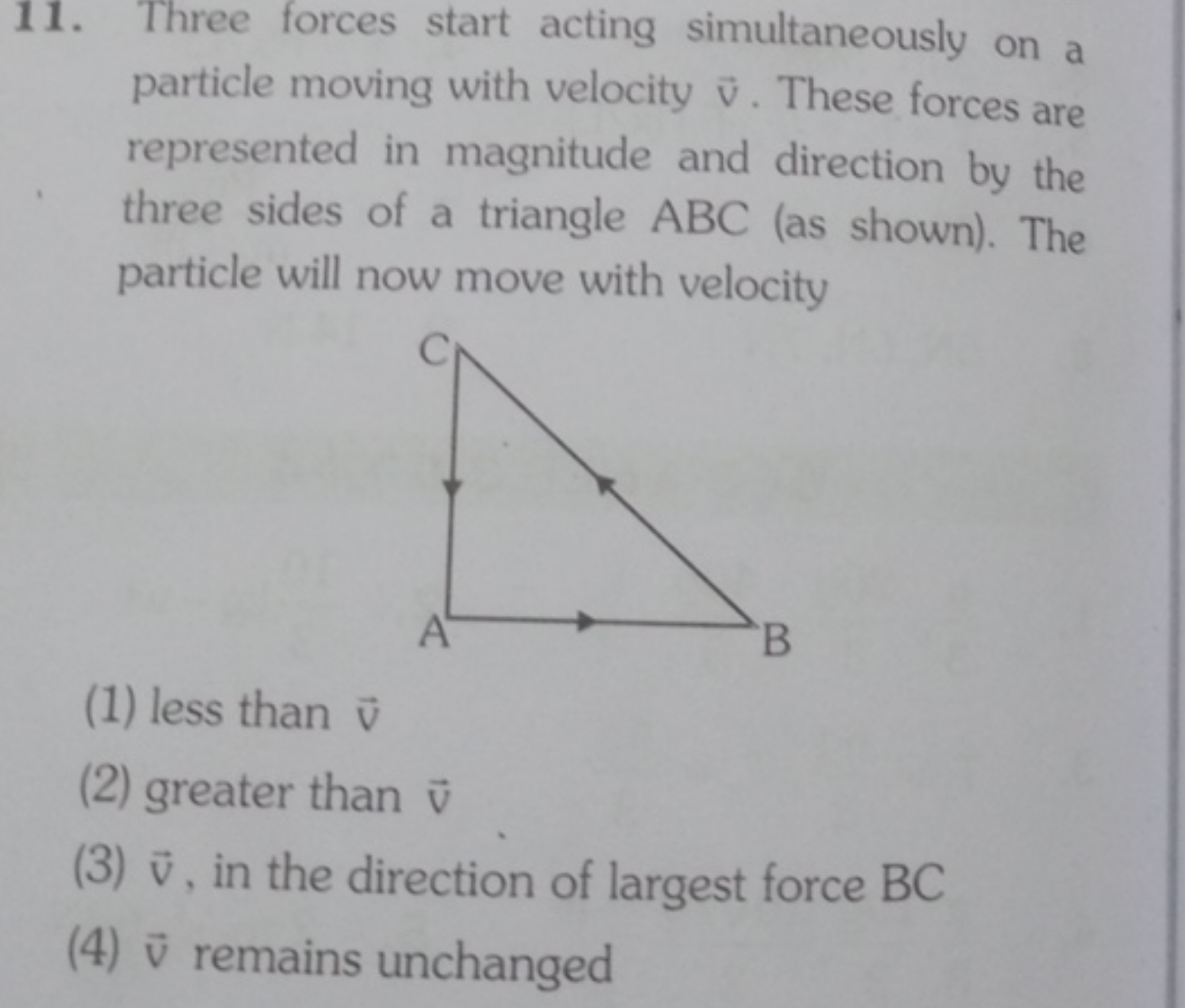 11. Three forces start acting simultaneously on a particle moving with