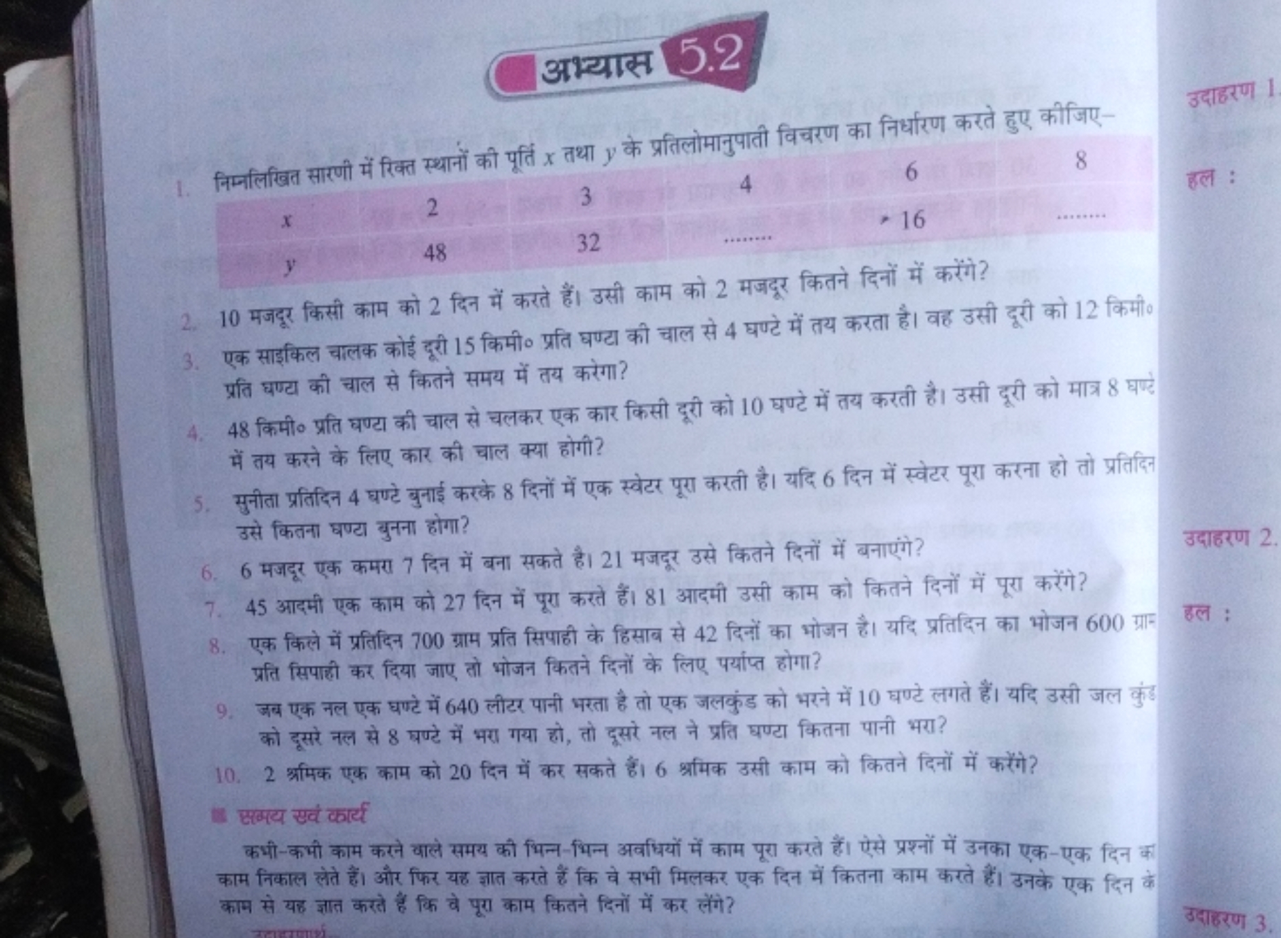 अभ्यास 5.2
1. निम्नलिखित सारणी में रिक्त स्थानों की पूर्ति x तथा y के 