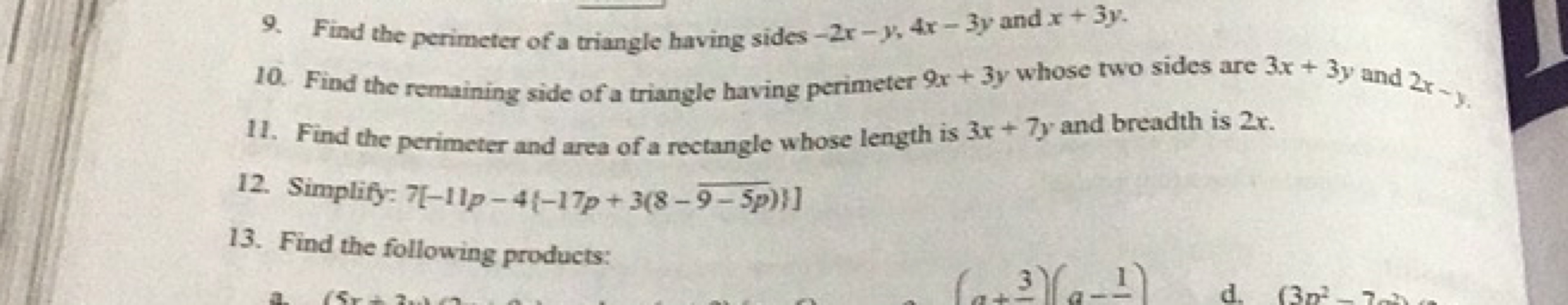 9. Find the perimeter of a triangle having sides −2x−y,4x−3y and x+3y.