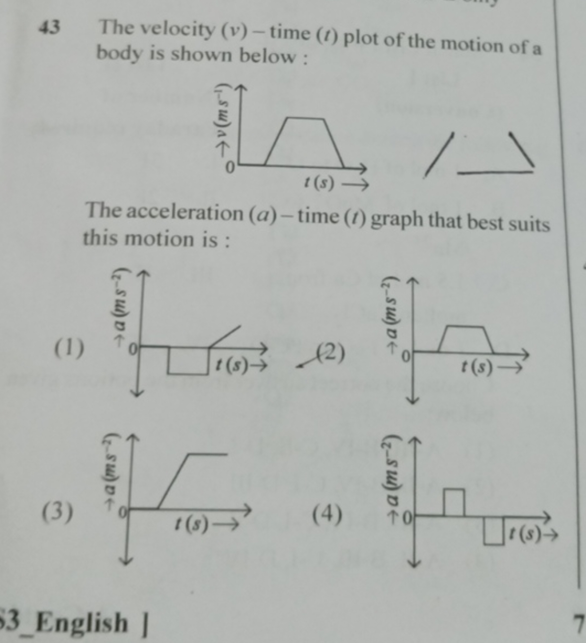 43 The velocity (v)-time (t) plot of the motion of a body is shown bel