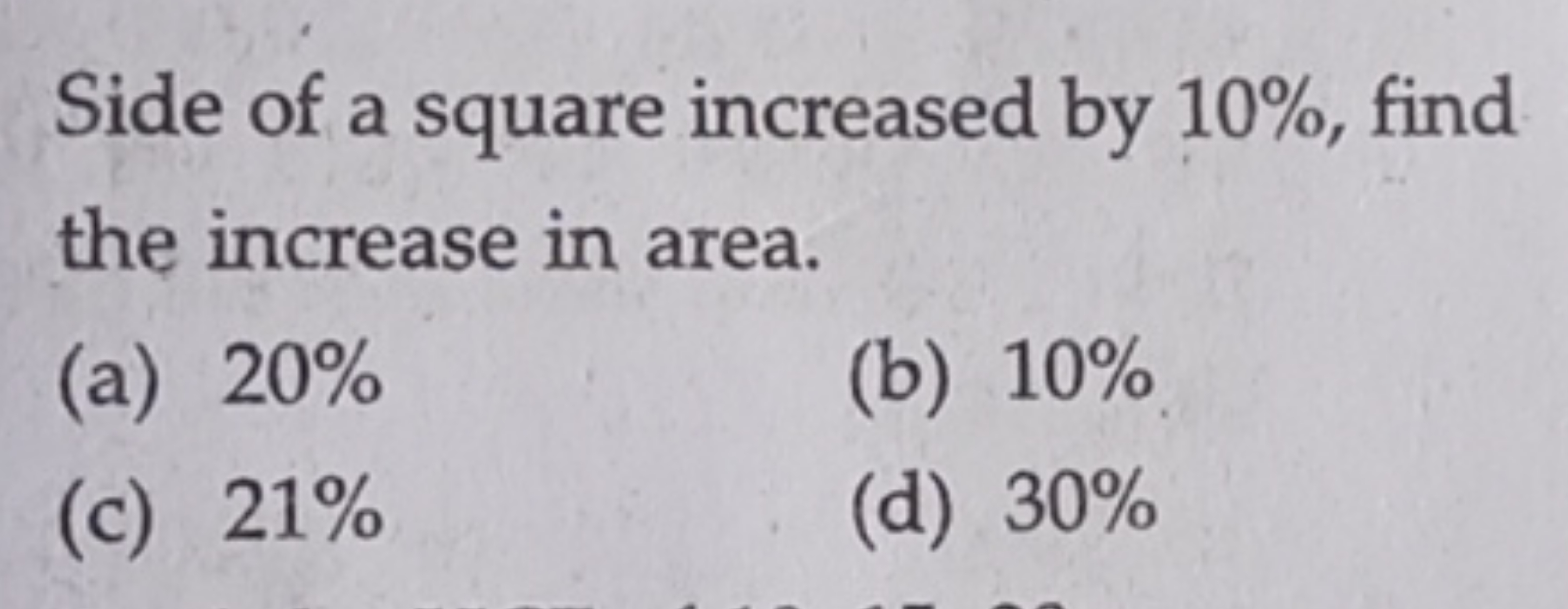 Side of a square increased by 10%, find the increase in area.
(a) 20%
