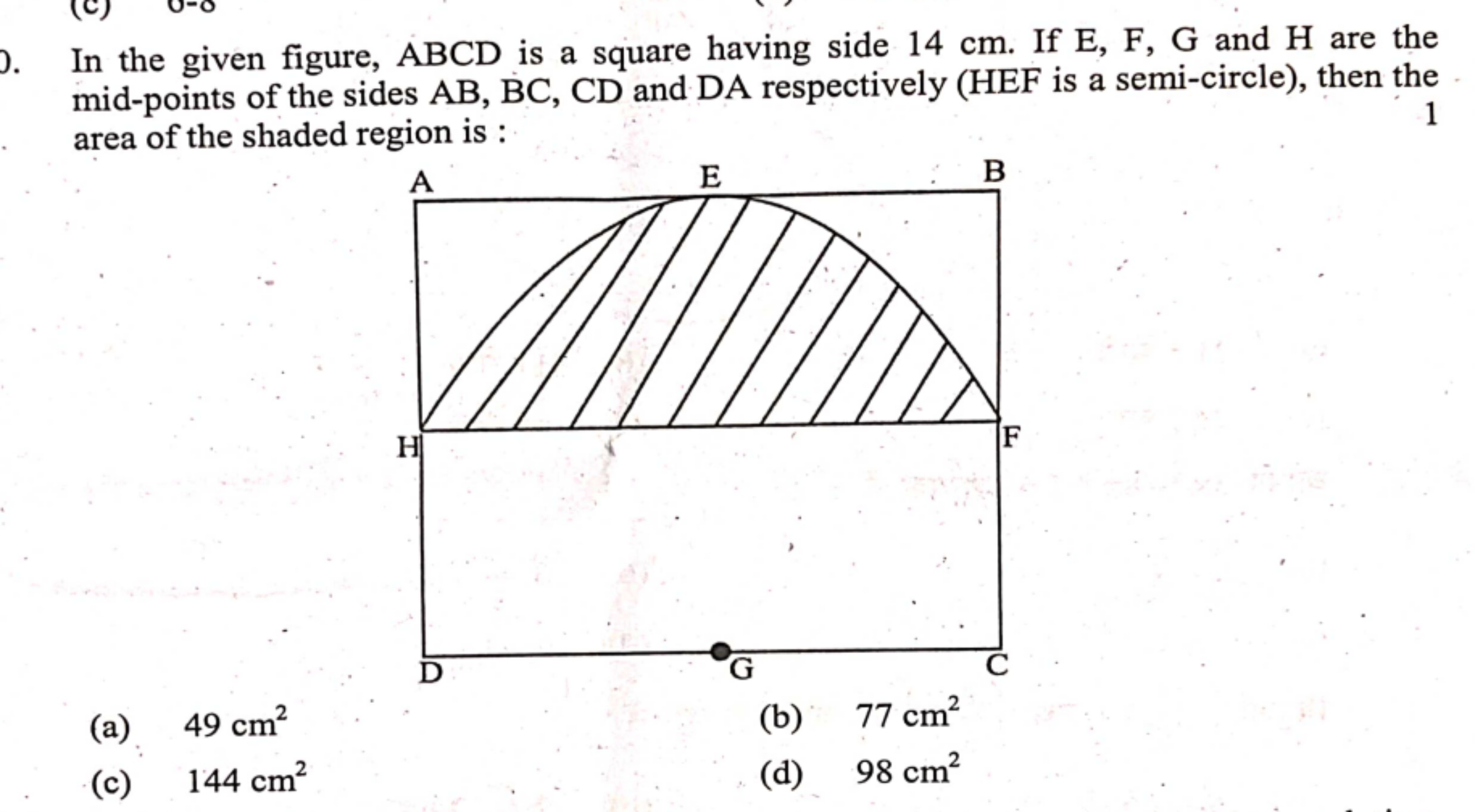 In the given figure, ABCD is a square having side 14 cm . If E,F,G and