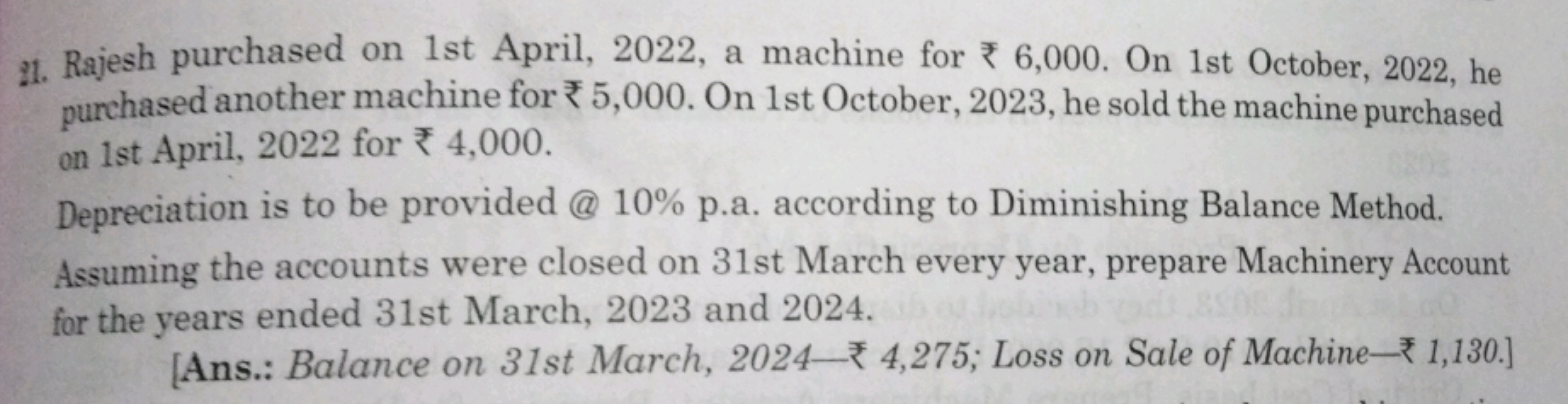 21. Rajesh purchased on 1st April, 2022, a machine for ₹ 6,000 . On 1s