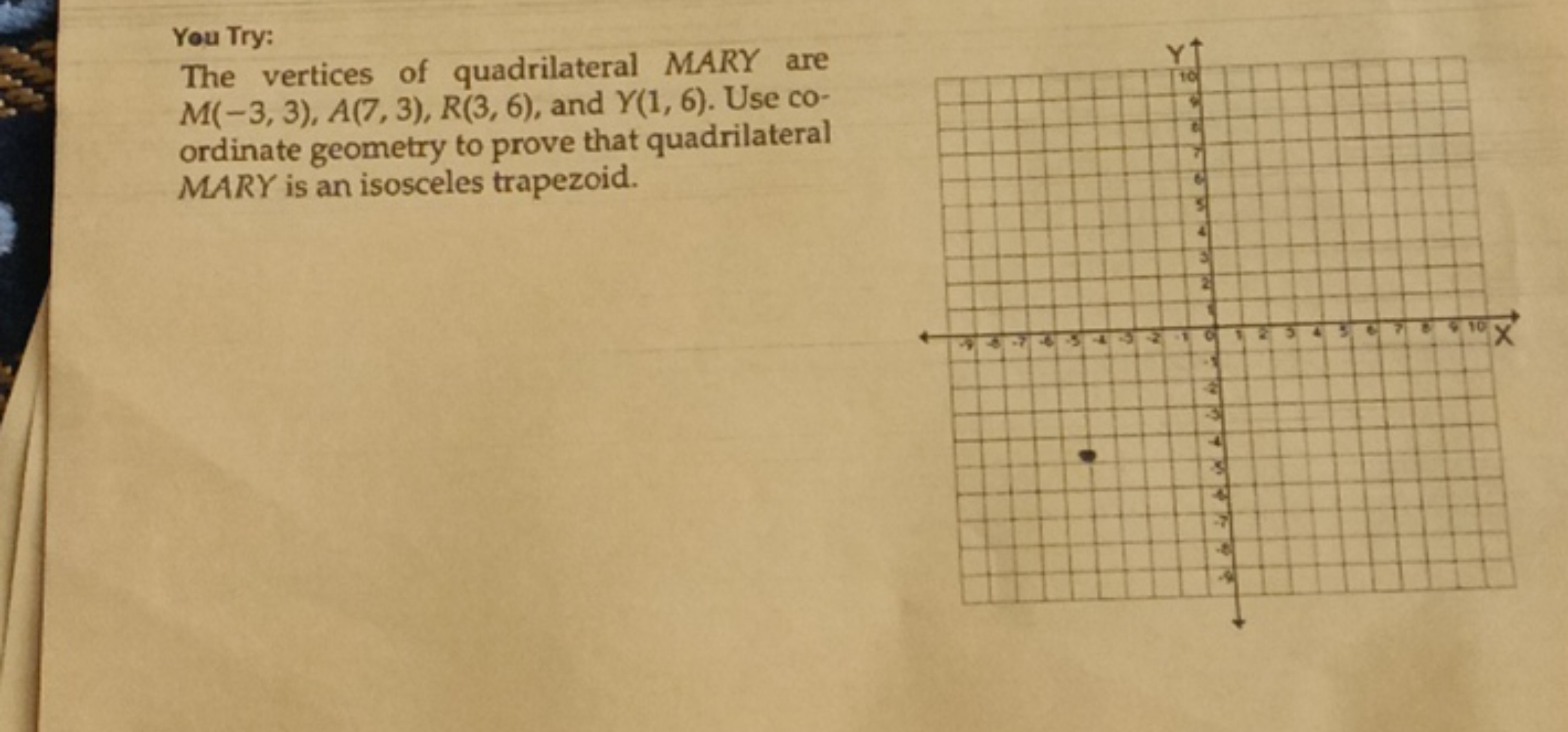 You Try:
The vertices of quadrilateral MARY are M(−3,3),A(7,3),R(3,6),