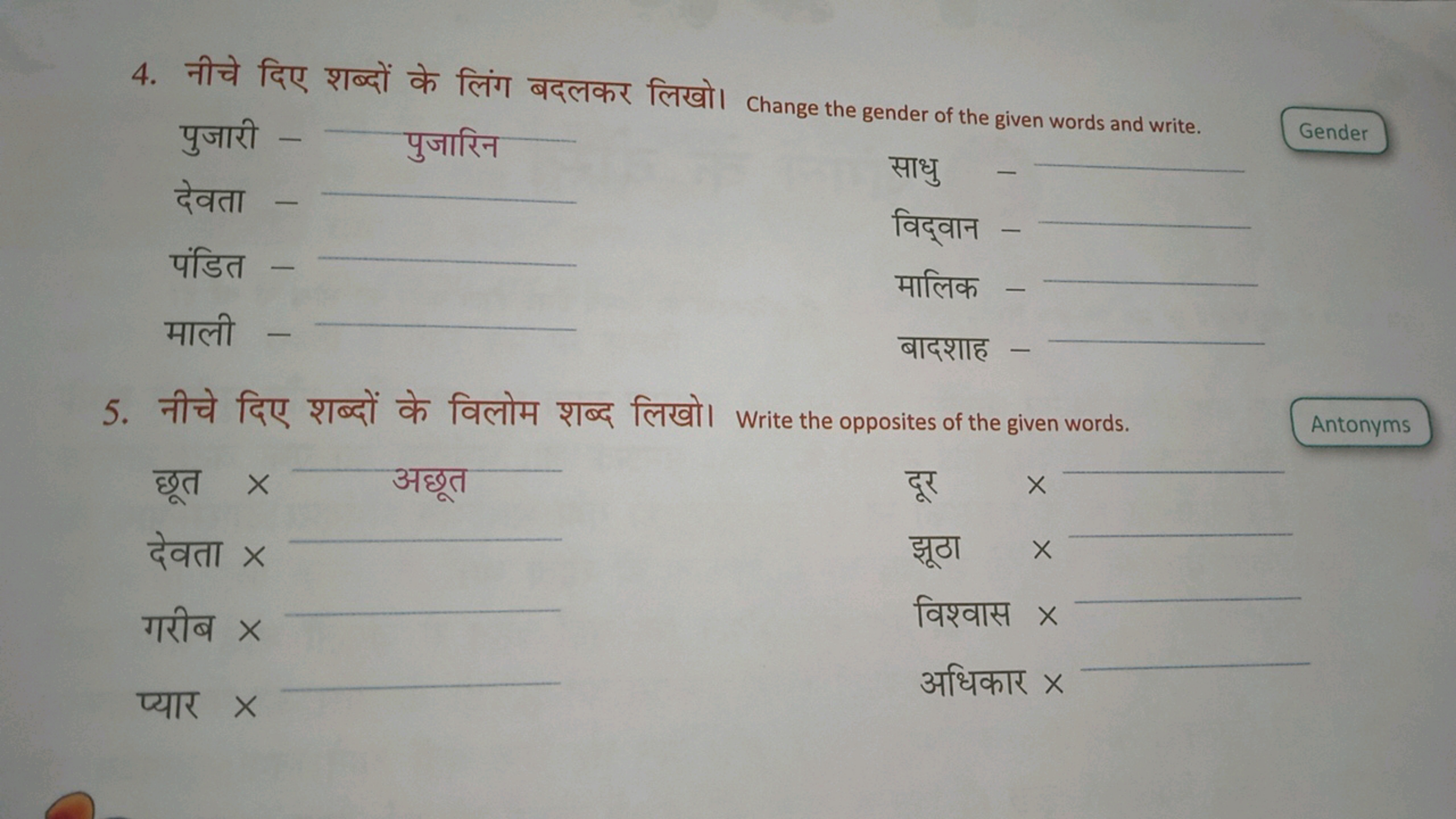 4. नीचे दिए शब्दों के लिंग बदलकर लिखो। Change the gender of the given 