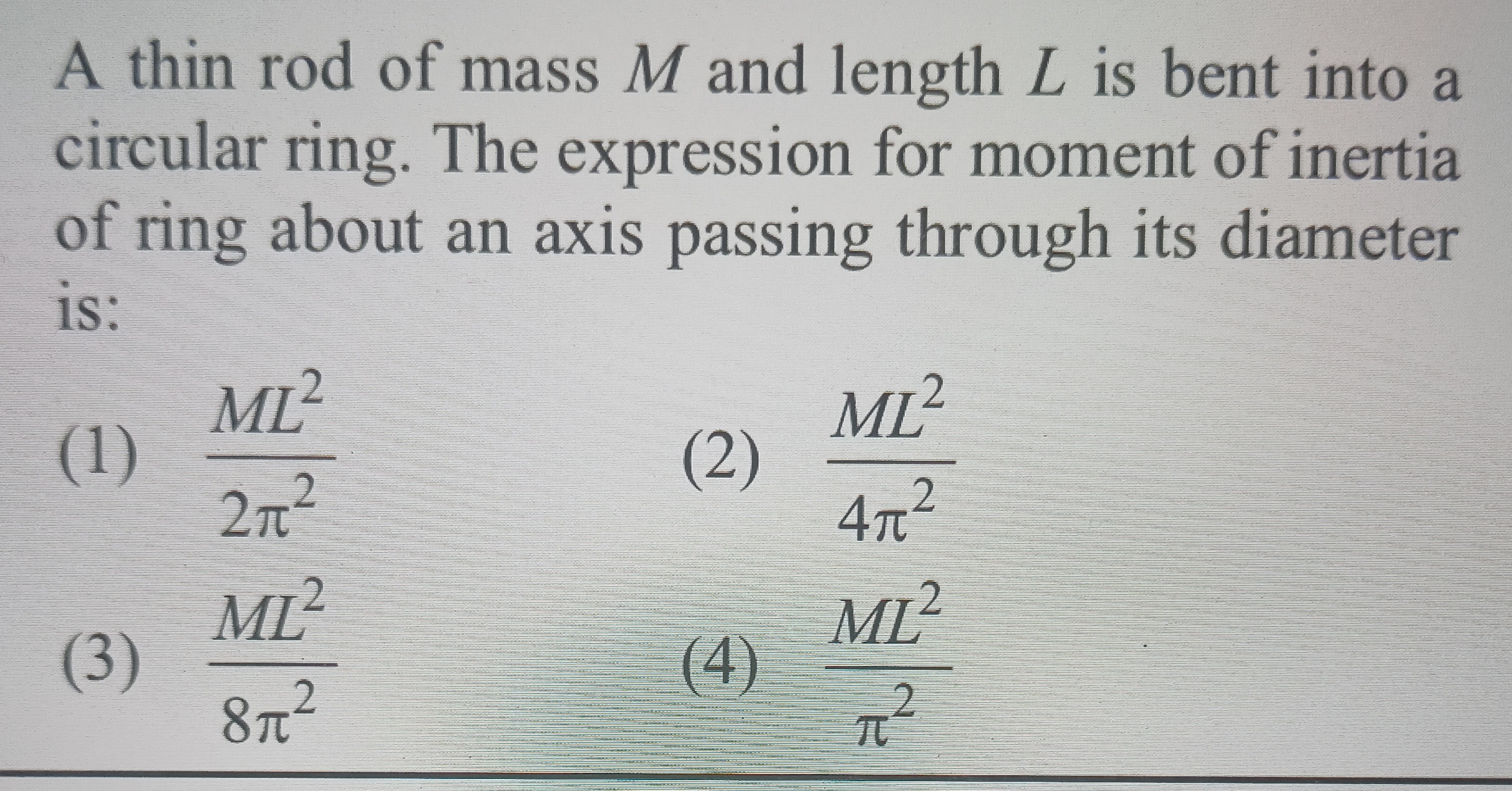 A thin rod of mass M and length L is bent into a circular ring. The ex