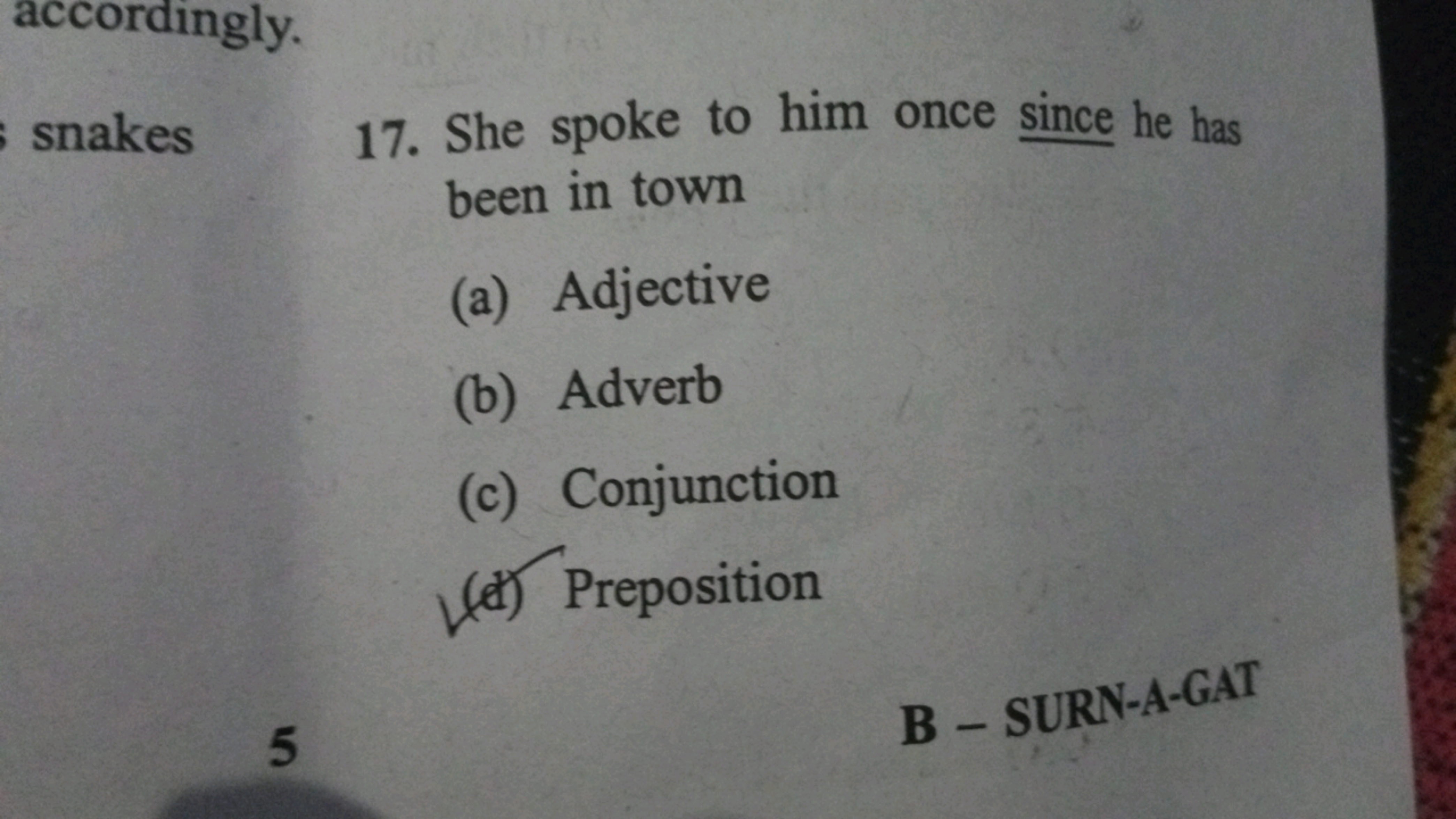 accordingly.
snakes
17. She spoke to him once since he has been in tow