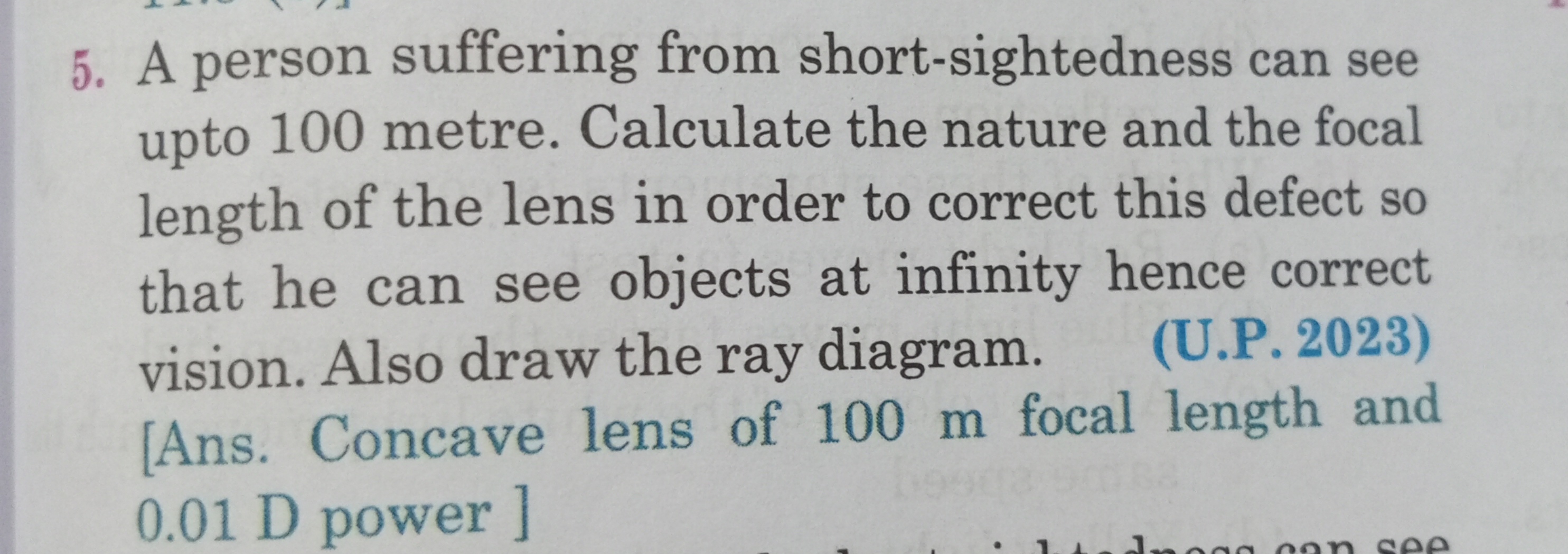 5. A person suffering from short-sightedness can see upto 100 metre. C