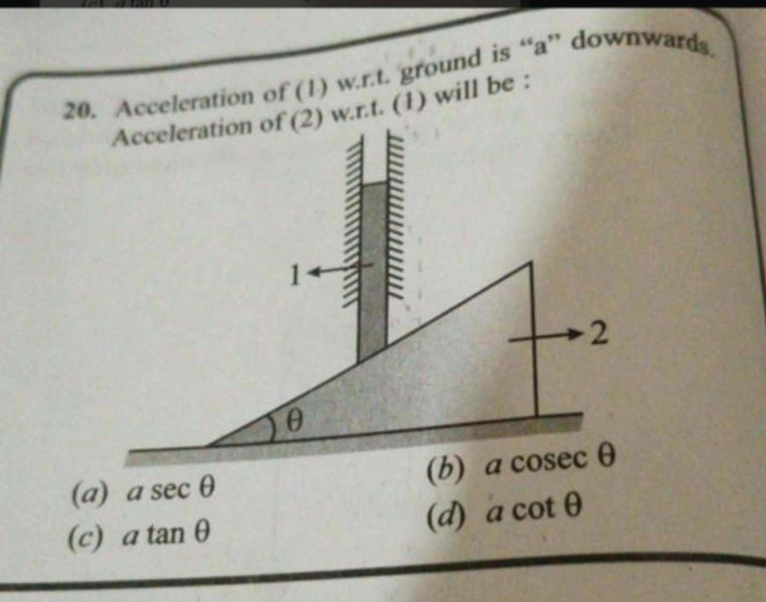 20. Acceleration of (1) w.r.t. ground is "a" downwards. Acceleration o