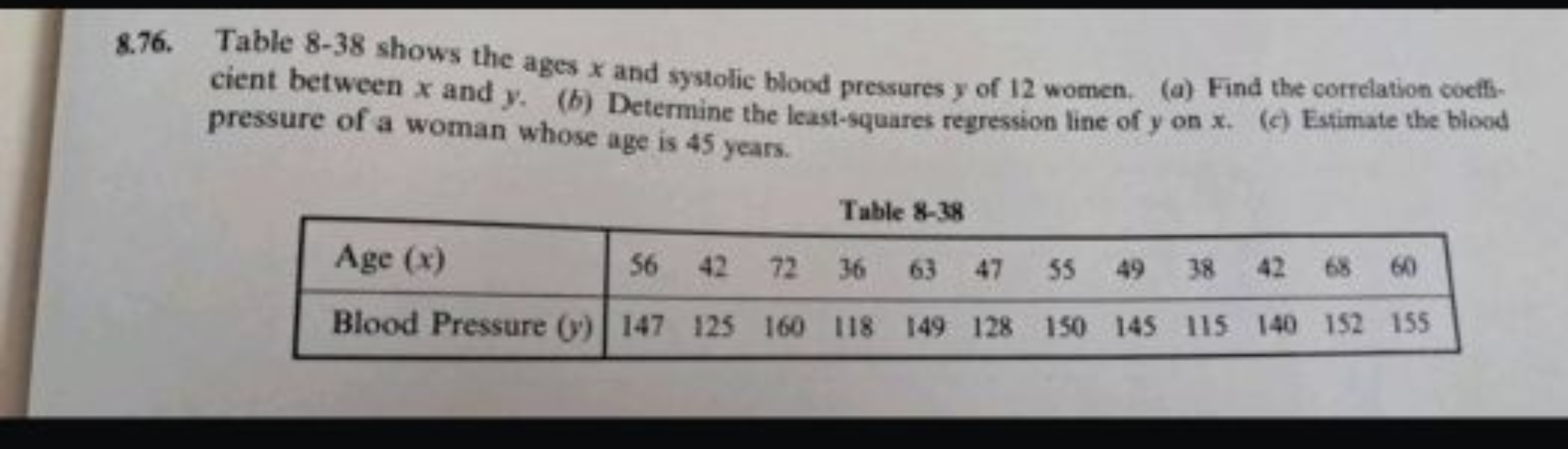 8.76. Table 8−38 shows the ages x and systolic blood pressures y of 12