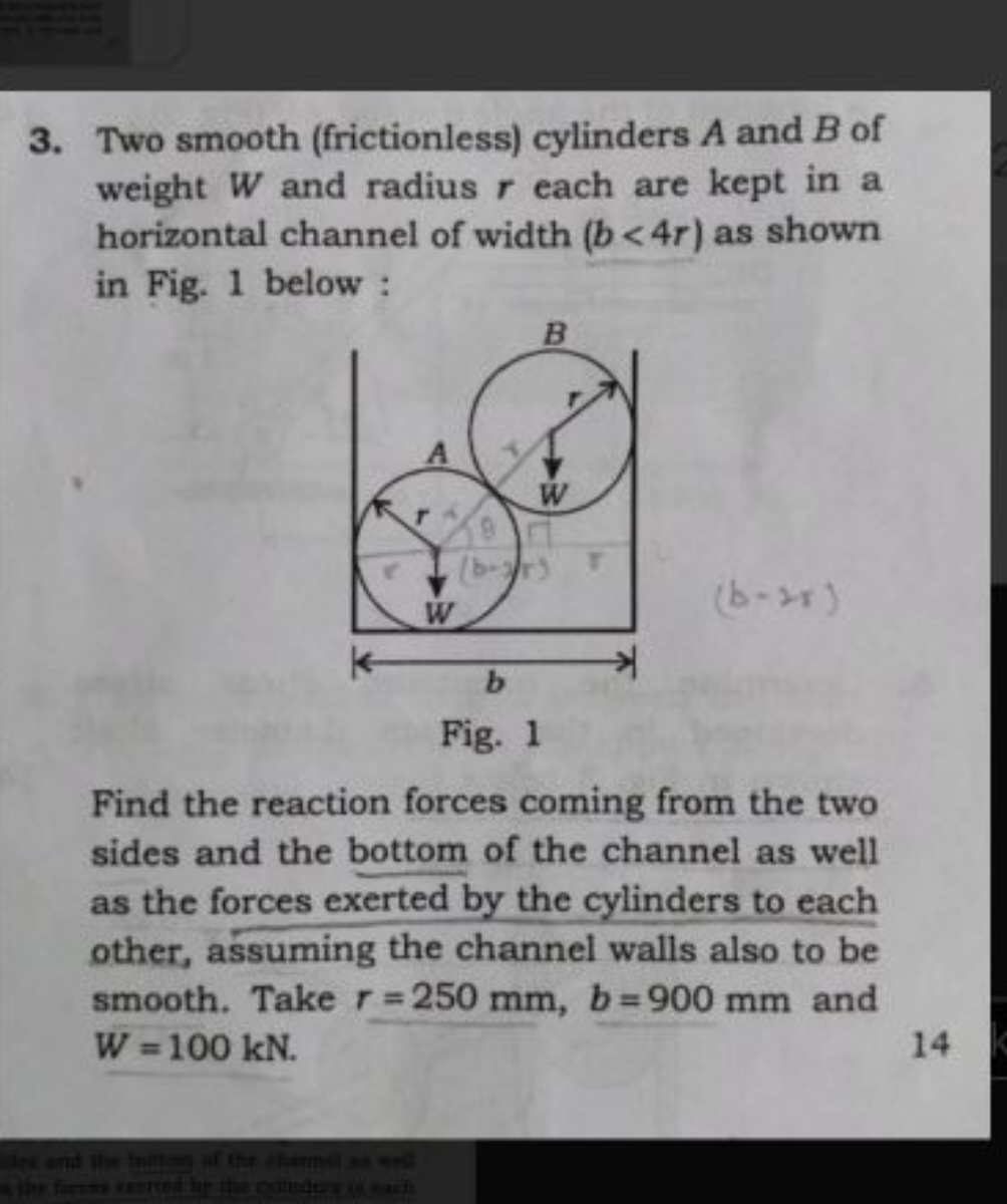 3. Two smooth (frictionless) cylinders A and B of weight W and radius 