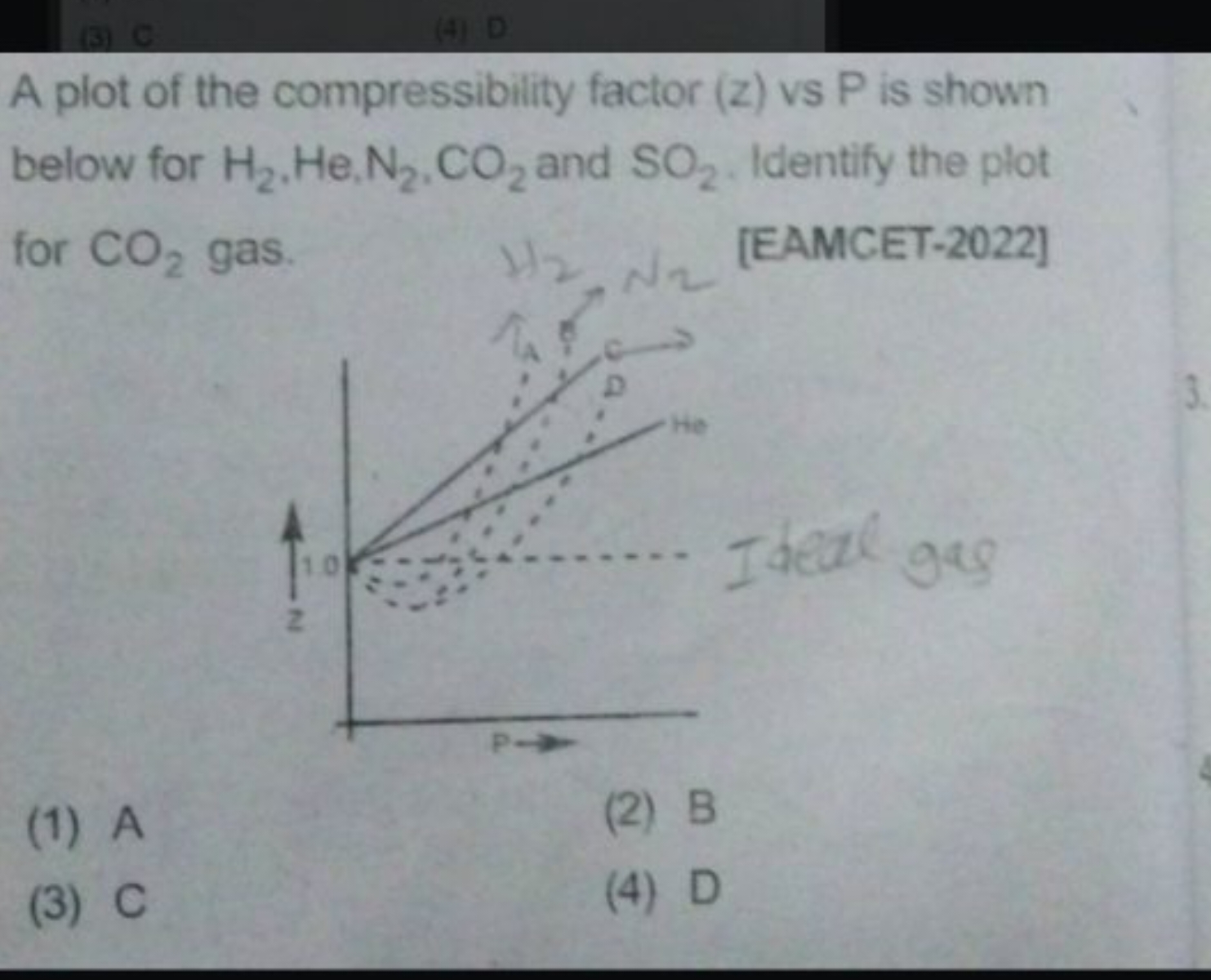 A plot of the compressibility factor ( z ) vs P is shown below for H2​