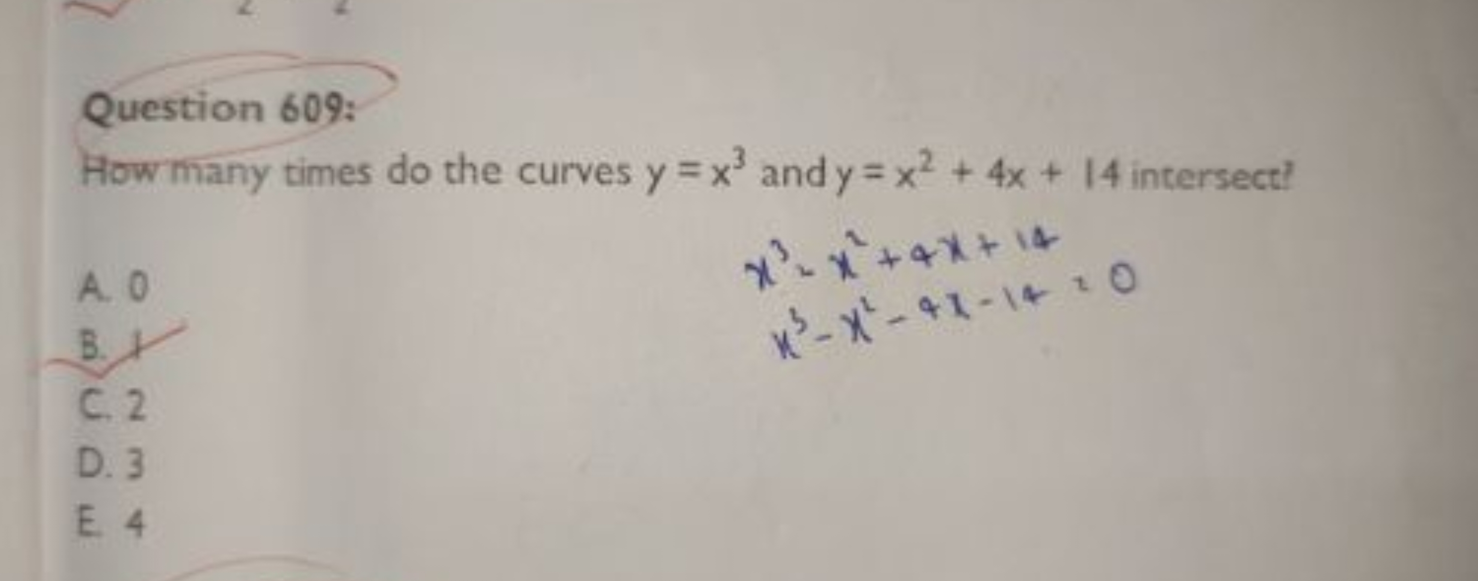 Question 609:
How many times do the curves y=x3 and y=x2+4x+14 interse