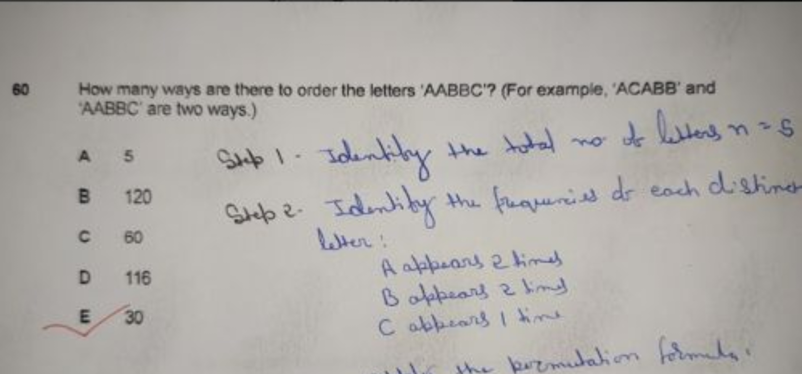 60 How many ways are there to order the letters 'AABBC'? (For example,