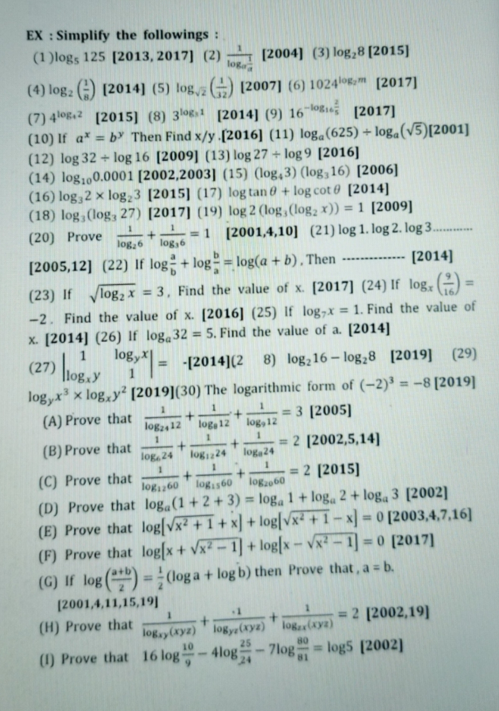 EX : Simplify the followings :
(1) log5​125[2013,2017] (2) logσ​α1​1​ 