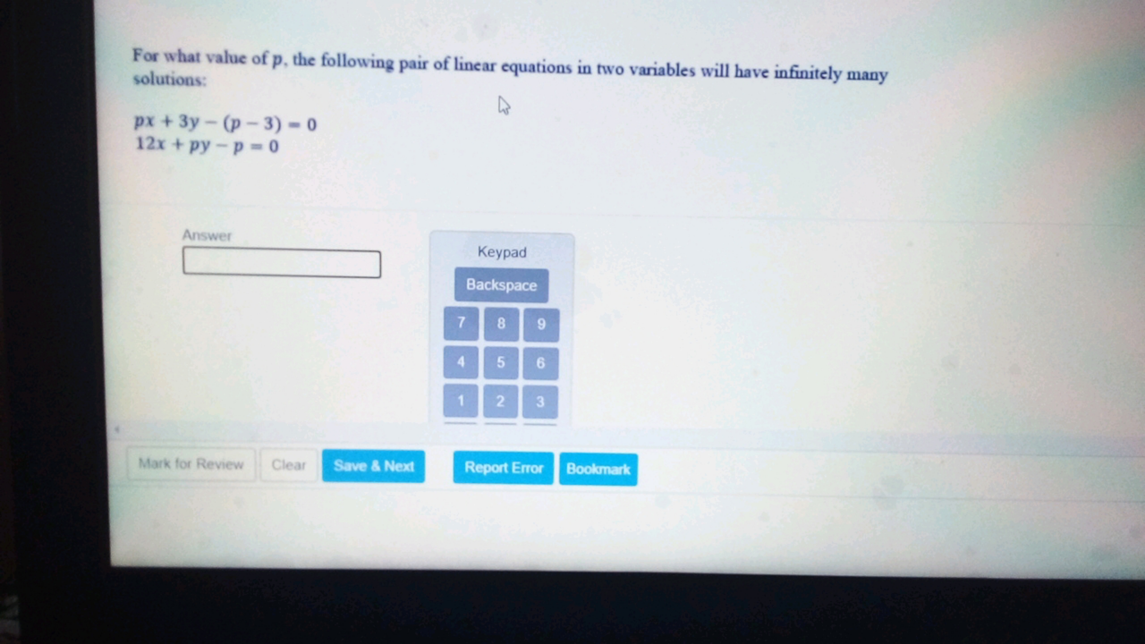 For what value of p, the following pair of linear equations in two var