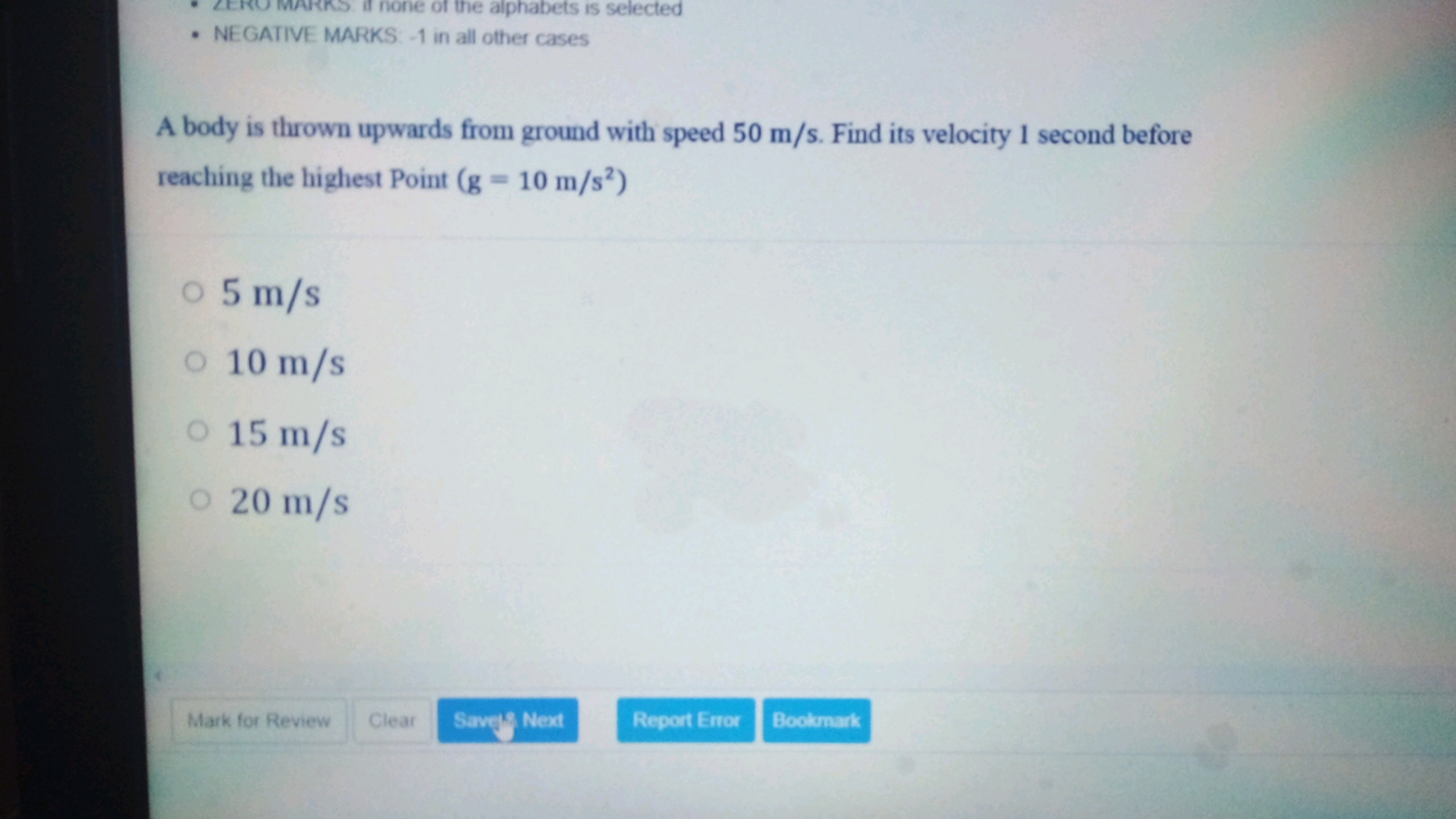 A body is thrown upwards from ground with speed 50 m/s. Find its veloc