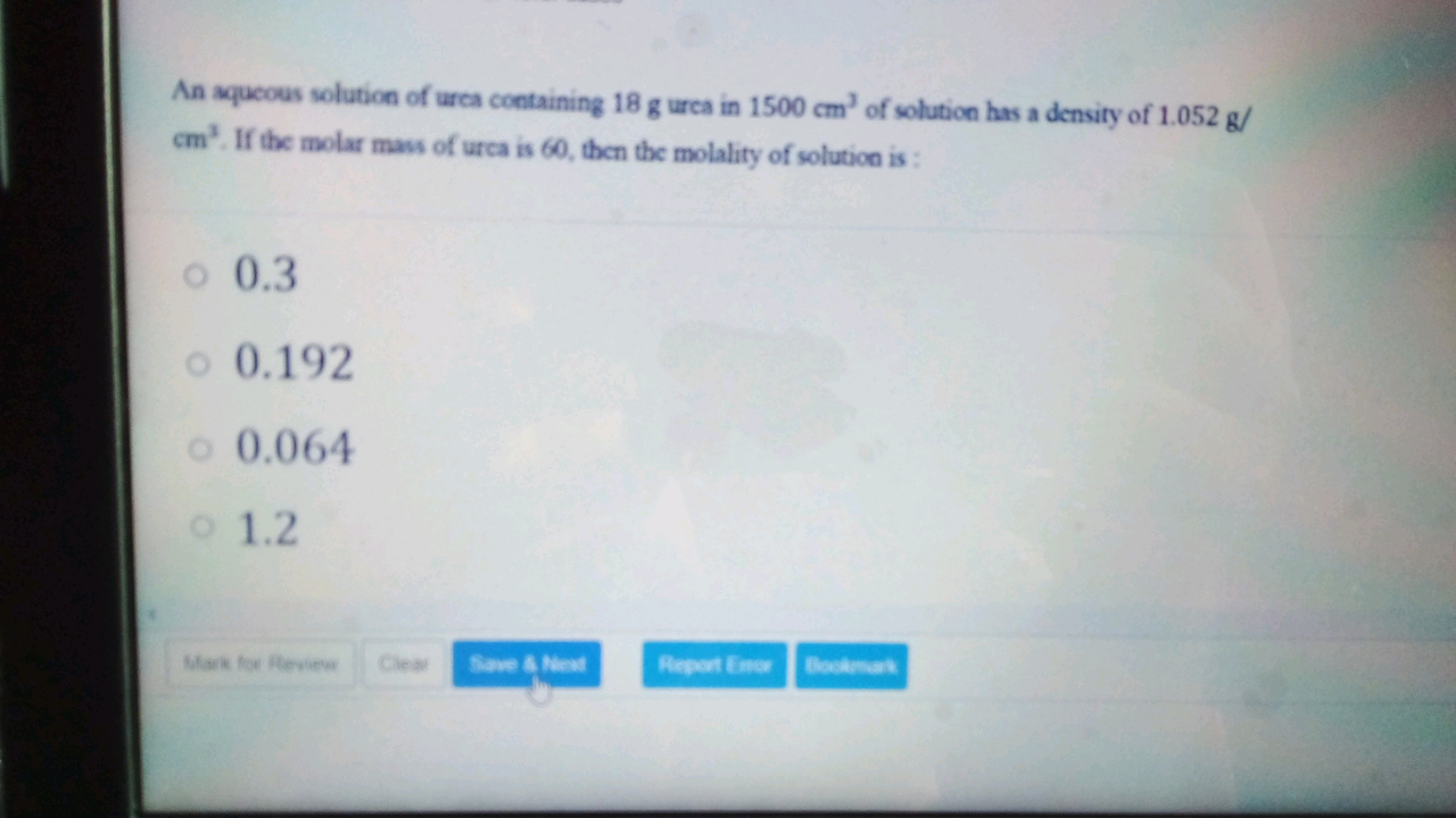 An aqueous solution of urea containing 18 g urea in 1500 cm3 of soluti