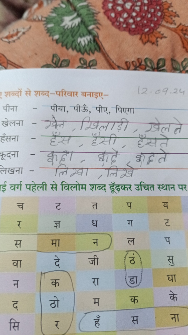 Sles Sop
शब्दों से शब्द-परिवार बनाइए- 12.09 .24
पीना - पीया, पीऊँ, पीए