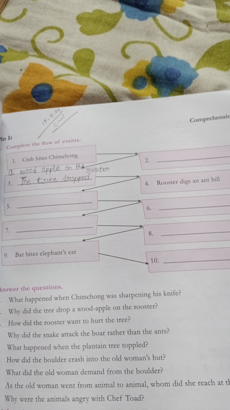 Complete the flow of events.
1. Crab bites Chimchong
Comprehensio
a ro