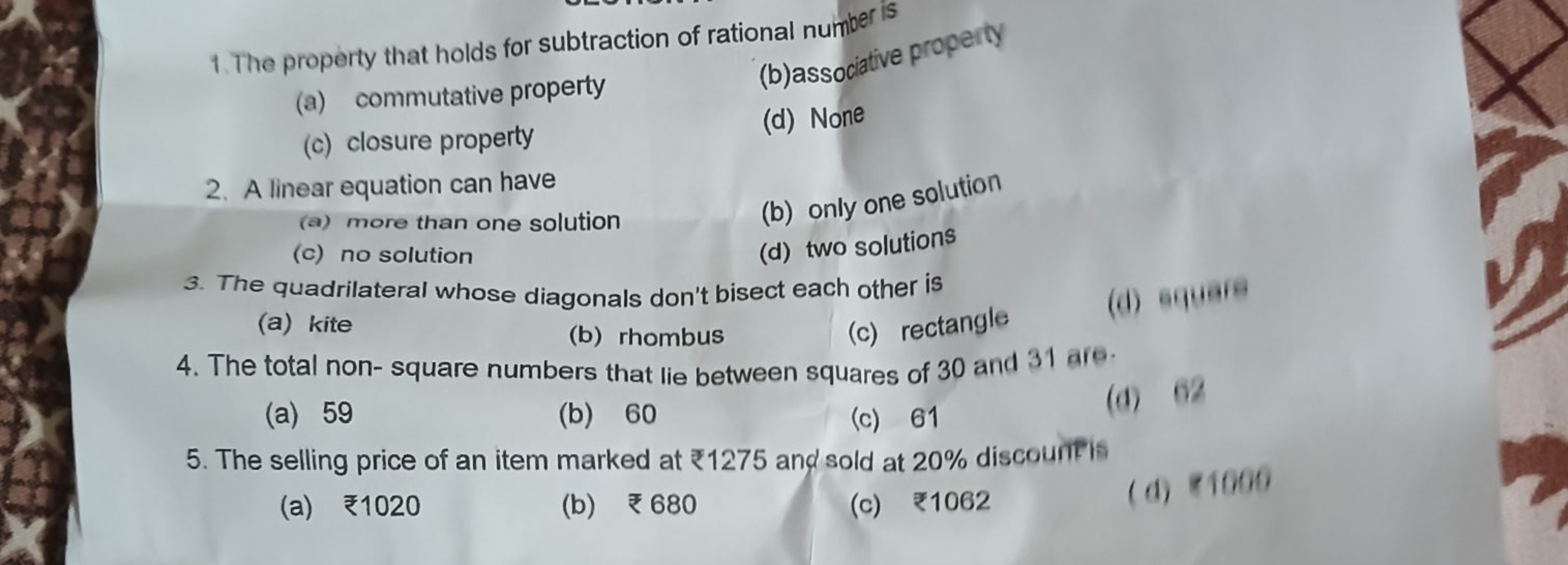 1. The property that holds for subtraction of rational number is
(a) c