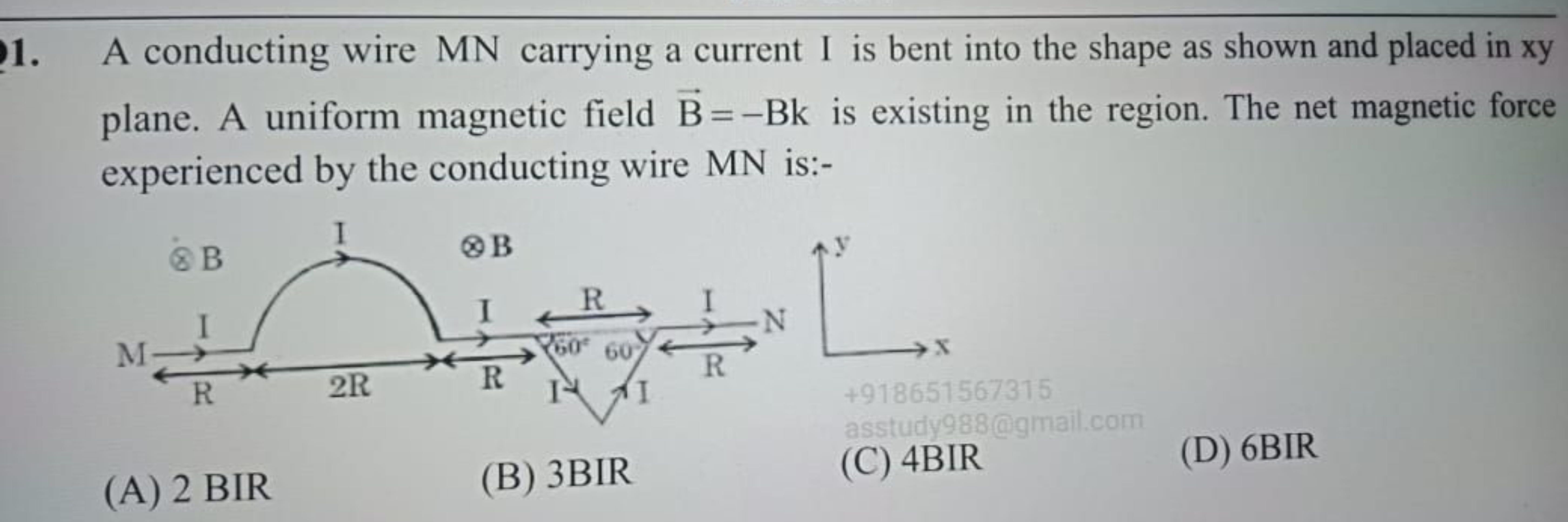 1. A conducting wire MN carrying a current I is bent into the shape as