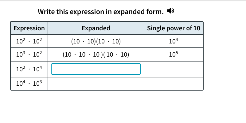 Write this expression in expanded form.
\begin{tabular} { | c | c | c 