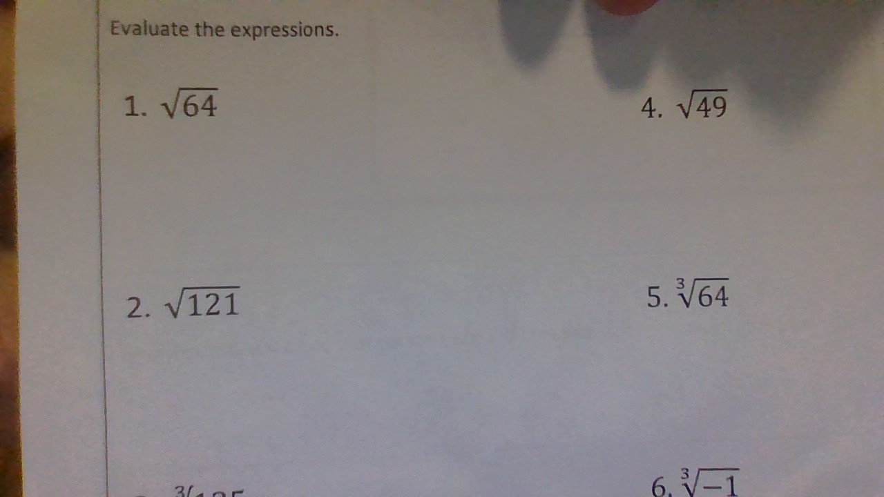 Evaluate the expressions.
1. 64​
4. 49​
2. 121​
5. 364​
6. 3−1​