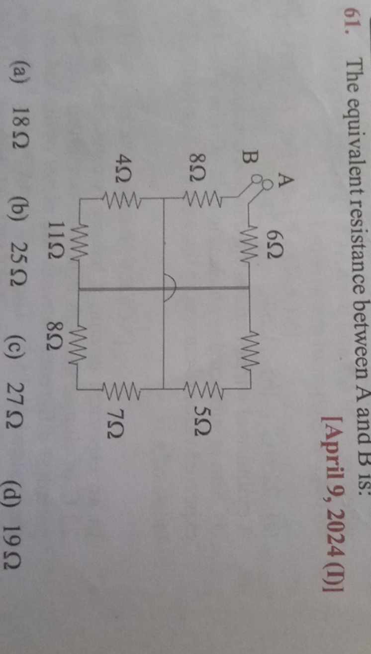 61. The equivalent resistance between A and B is:
[April 9, 2024 (I)]
