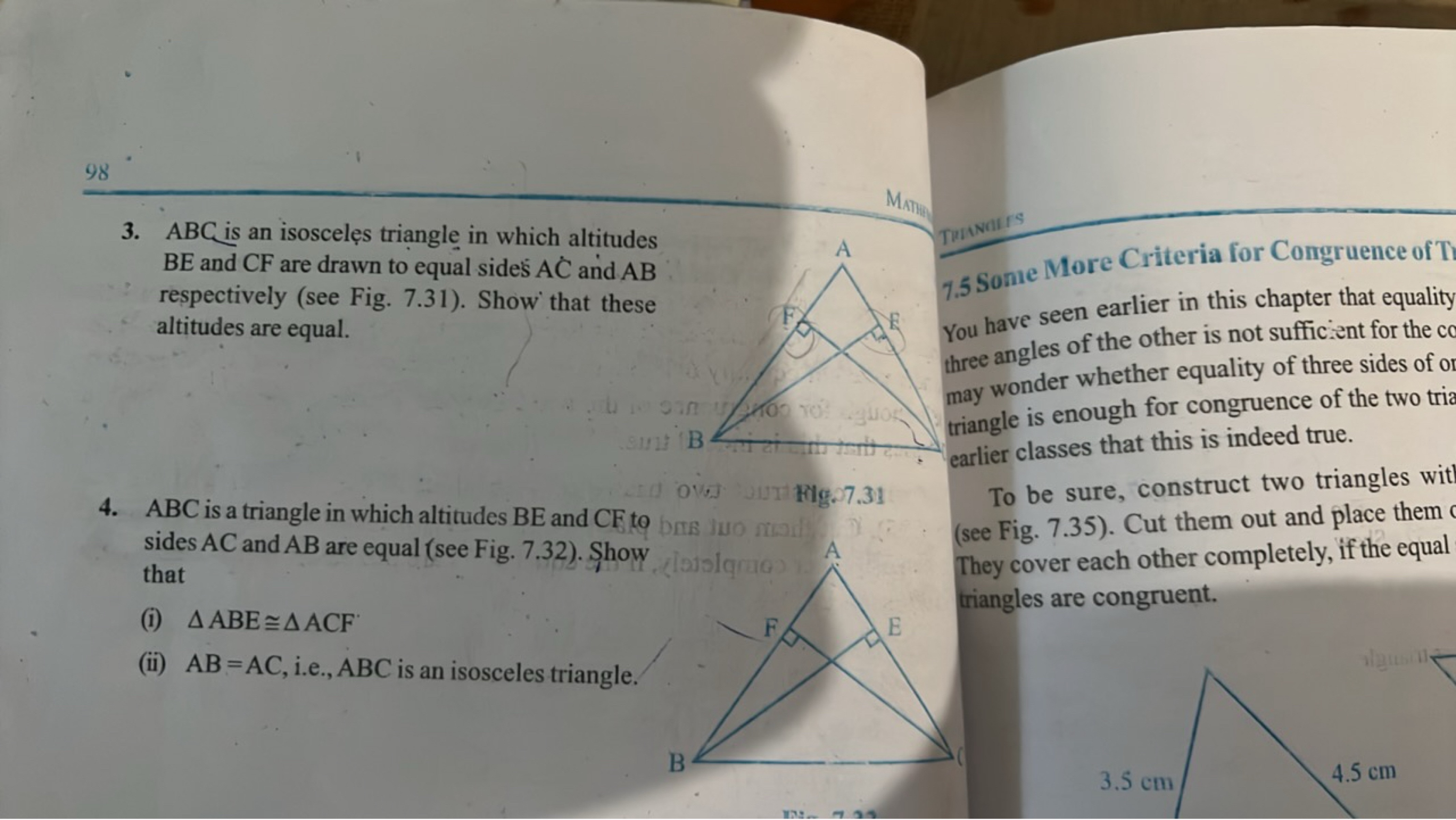 3. ABC is an isosceles triangle in which altitudes BE and CF are drawn