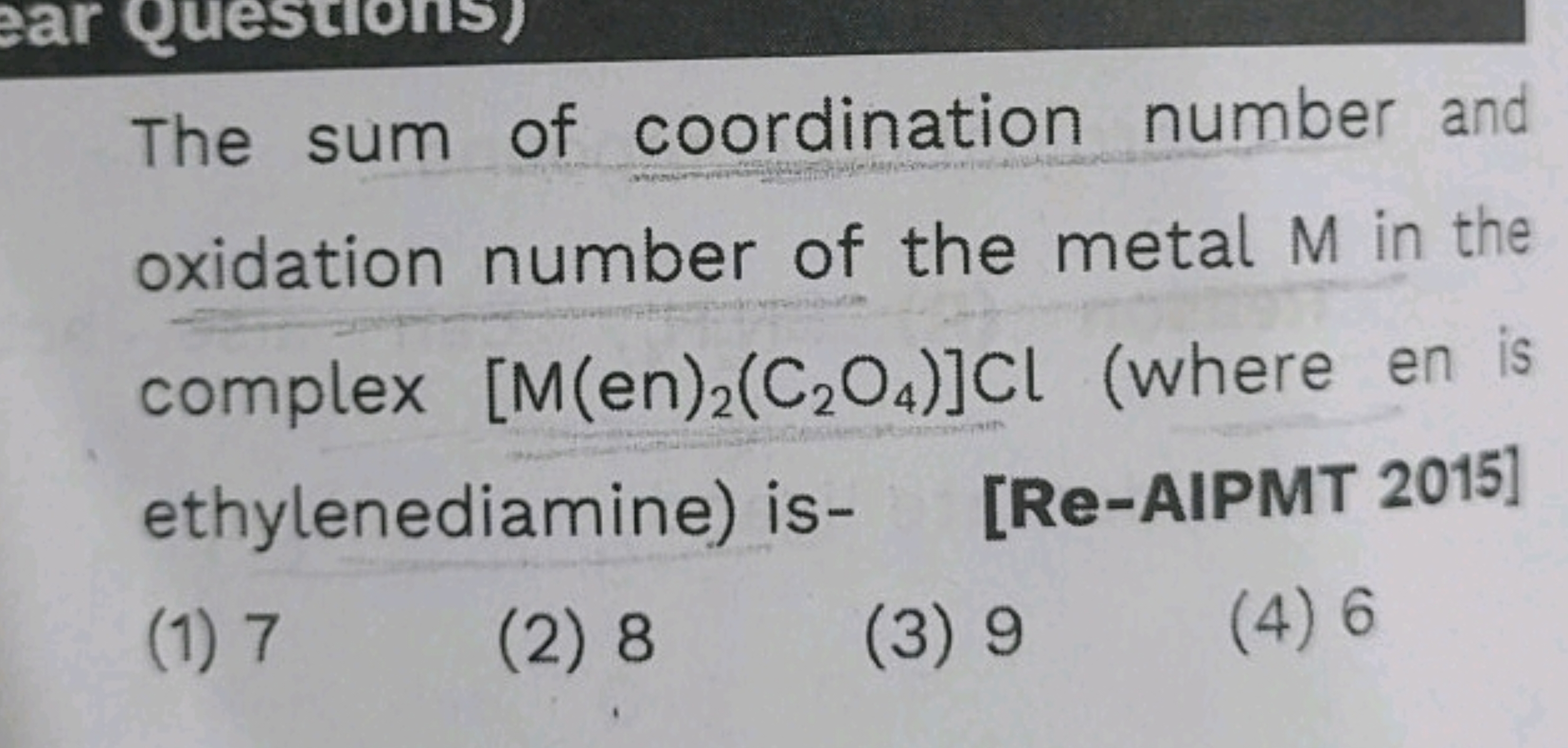 The sum of coordination number and oxidation number of the metal M in 