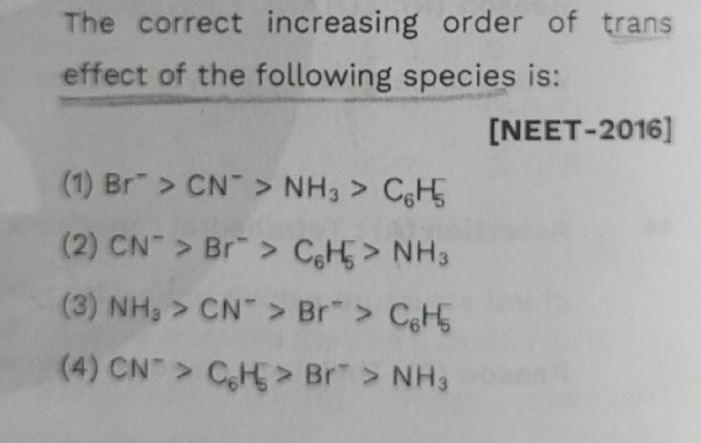 The correct increasing order of trans effect of the following species 