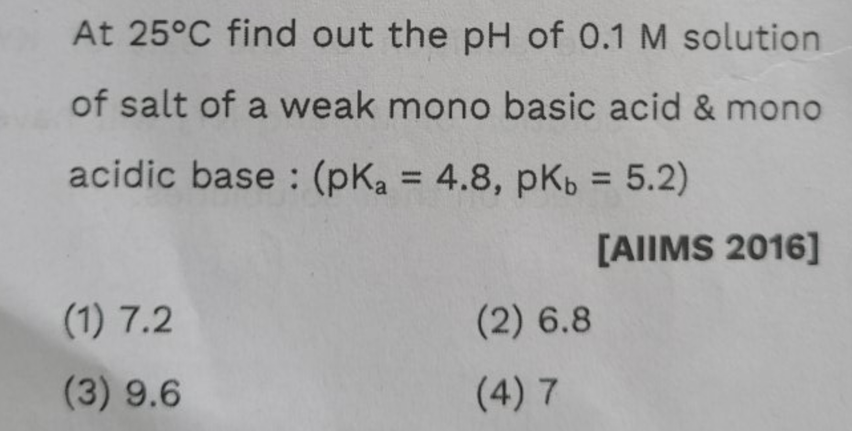 At 25∘C find out the pH of 0.1 M solution of salt of a weak mono basic