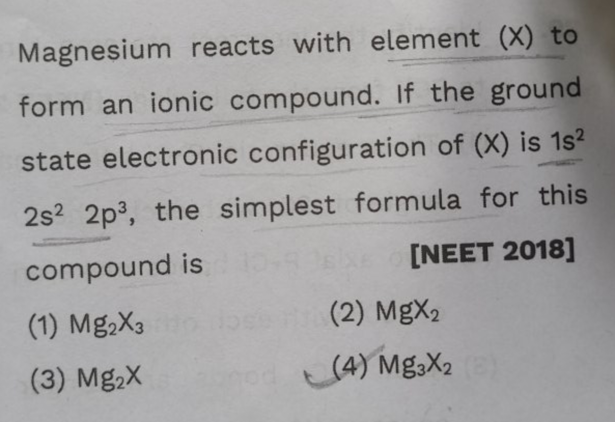 Magnesium reacts with element (X) to form an ionic compound. If the gr