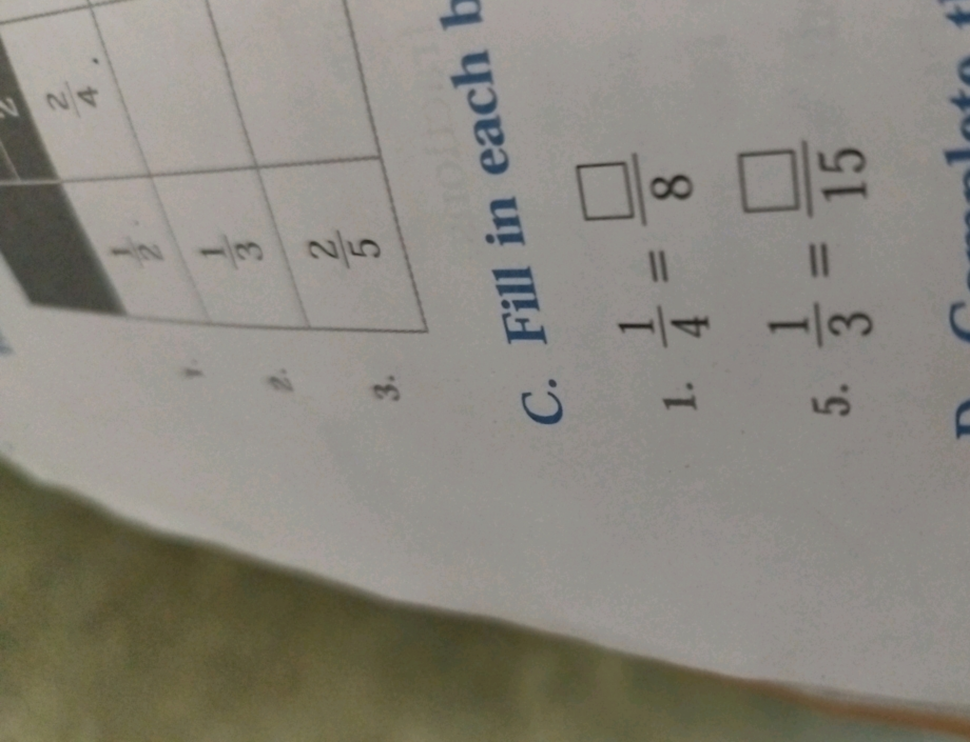 21​231​52​
C. Fill in each 1
1. 41​=8□​
5. 31​=15□​