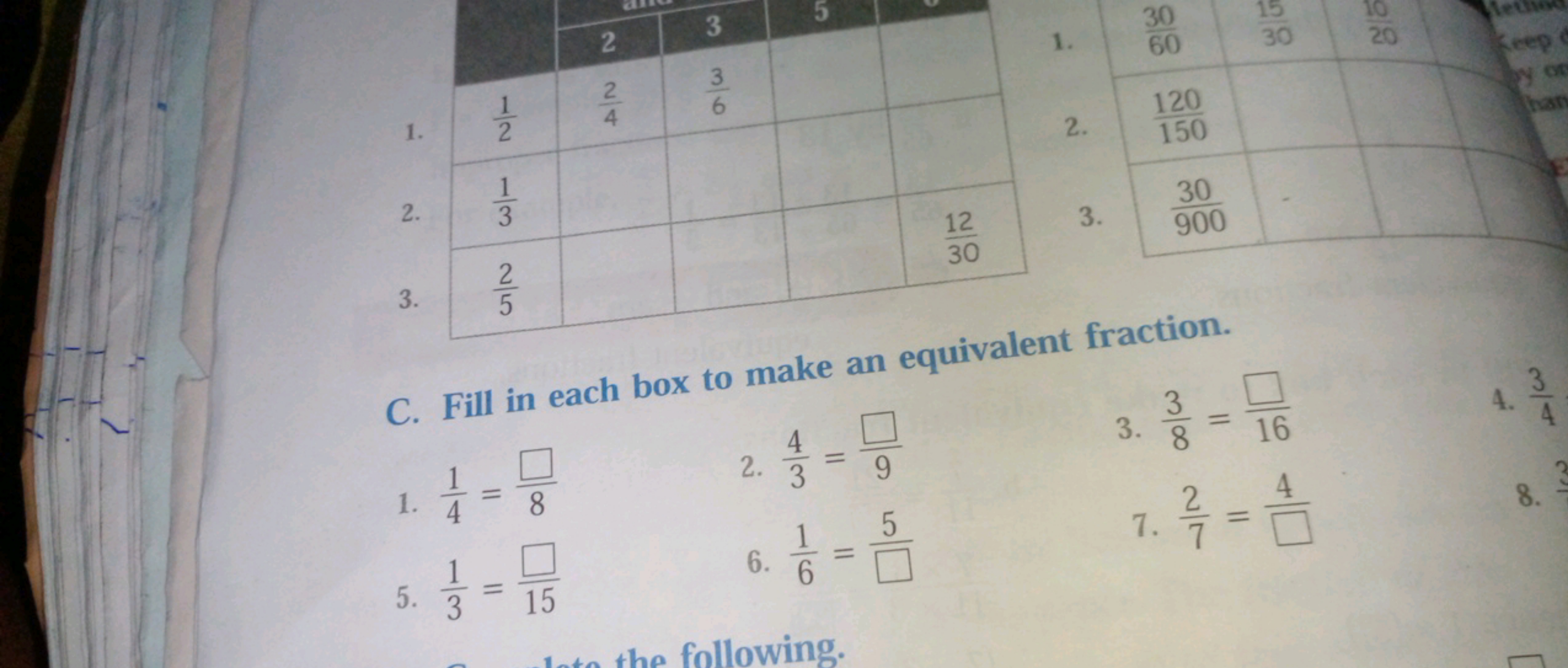 1.
1.
2. 150120​
C. Fill in each box to make an equivalent fraction.
1