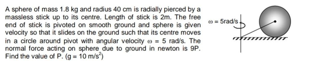 A sphere of mass 1.8 kg and radius 40 cm is radially pierced by a mass