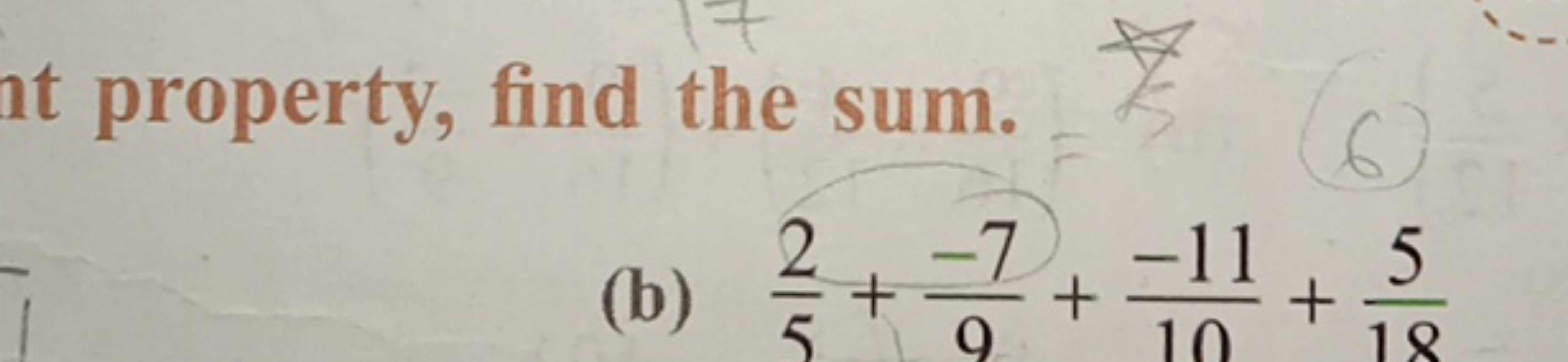 property, find the sum.
(b) 52​+9−7​+10−11​+185​