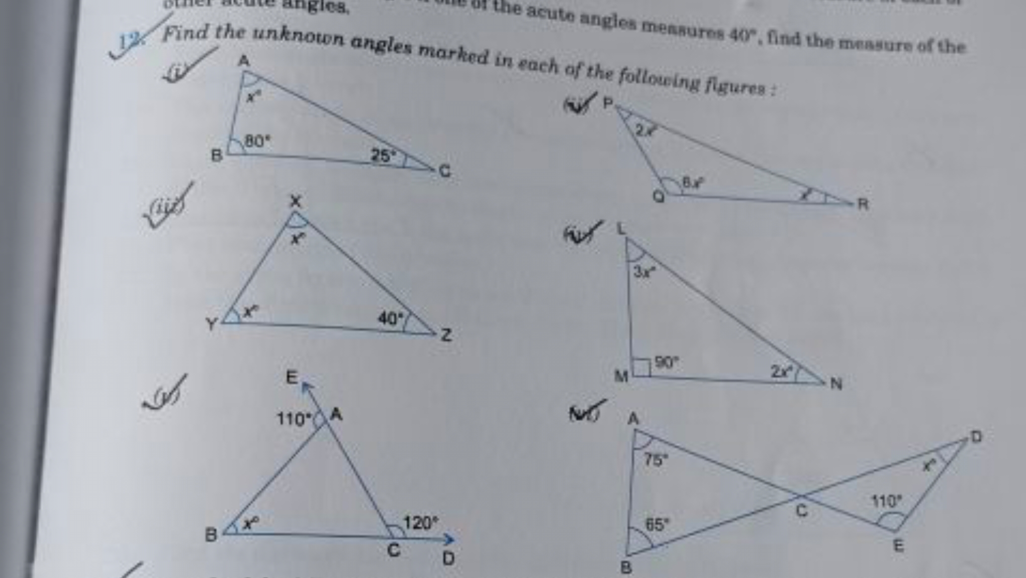 12. Find the unknoton angles marked in each of the following flgures :