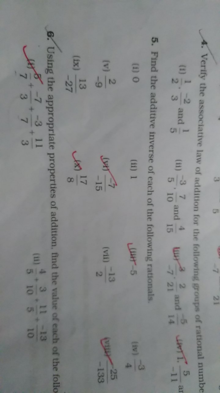 4. Verify the associative law of addition for the following groups of 