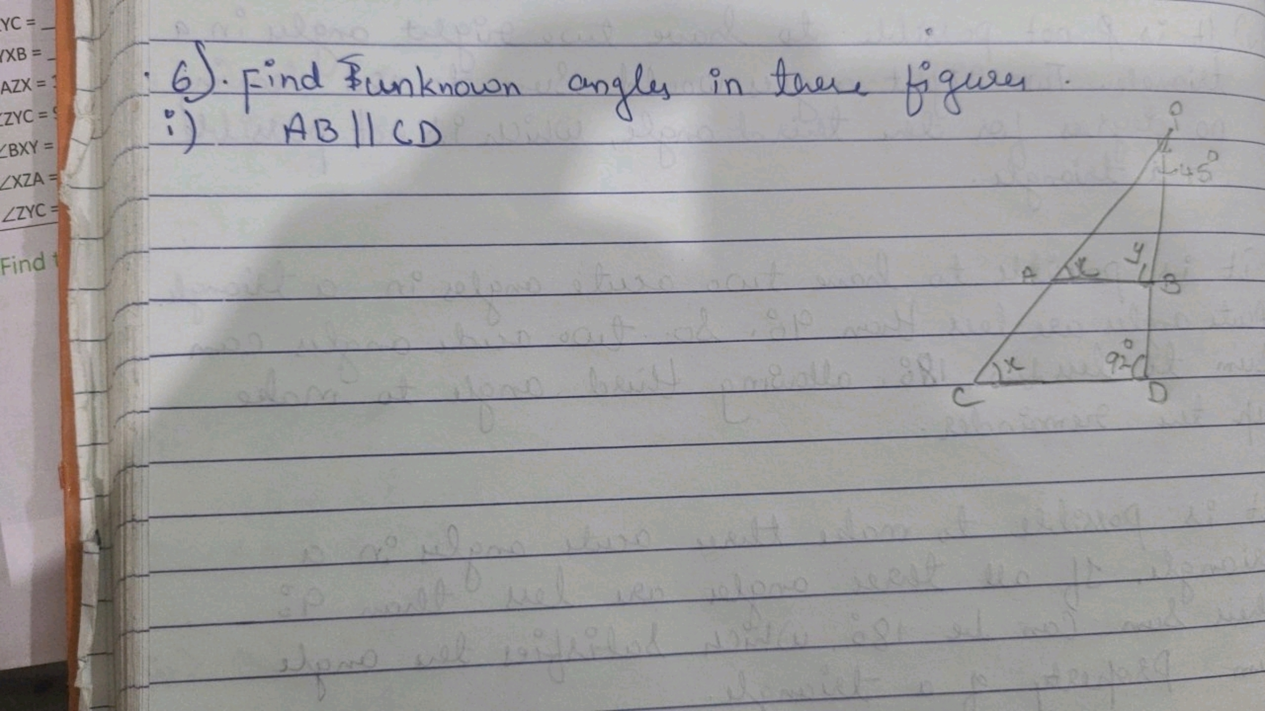 6). Find unknown angles in there figures.
i) AB∥CD