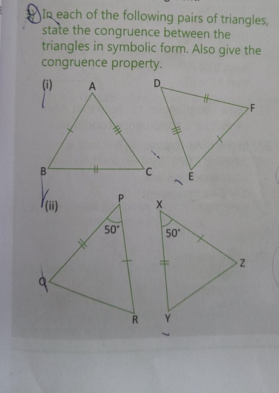 Dir each of the following pairs of triangles, state the congruence bet