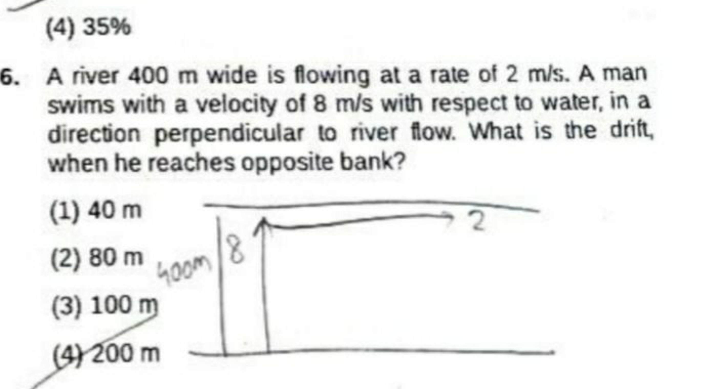 (4) 35%
6. A river 400 m wide is flowing at a rate of 2 m/s. A man swi